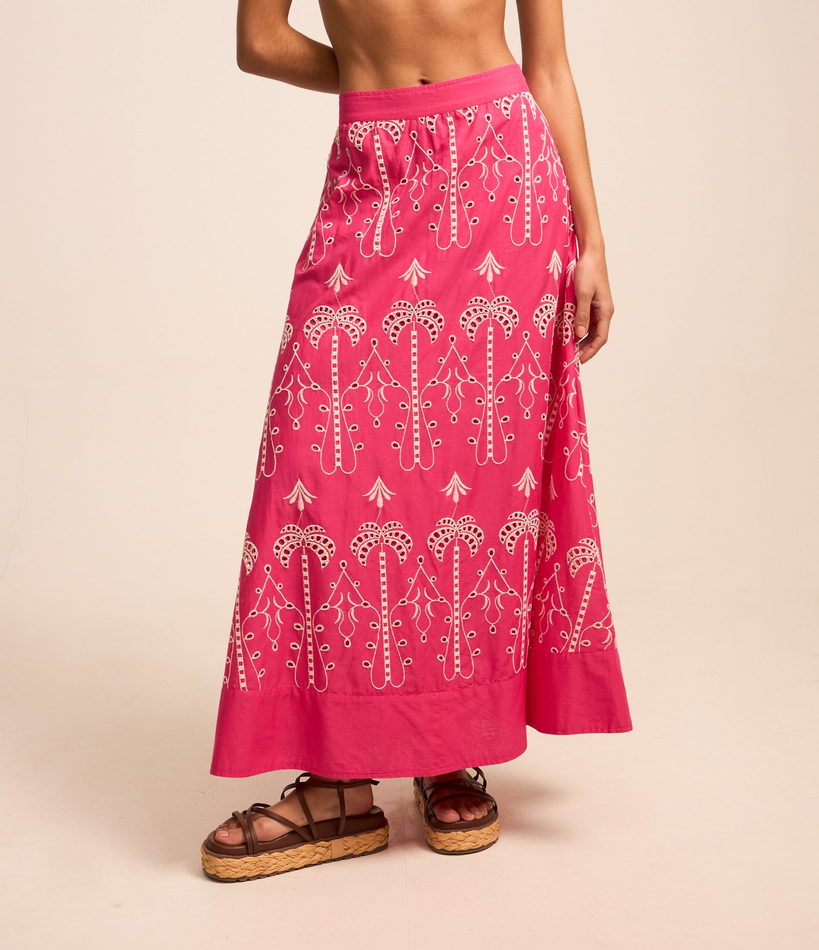 Saia New Midi em Laise com Bordado Tropical Rosa 2