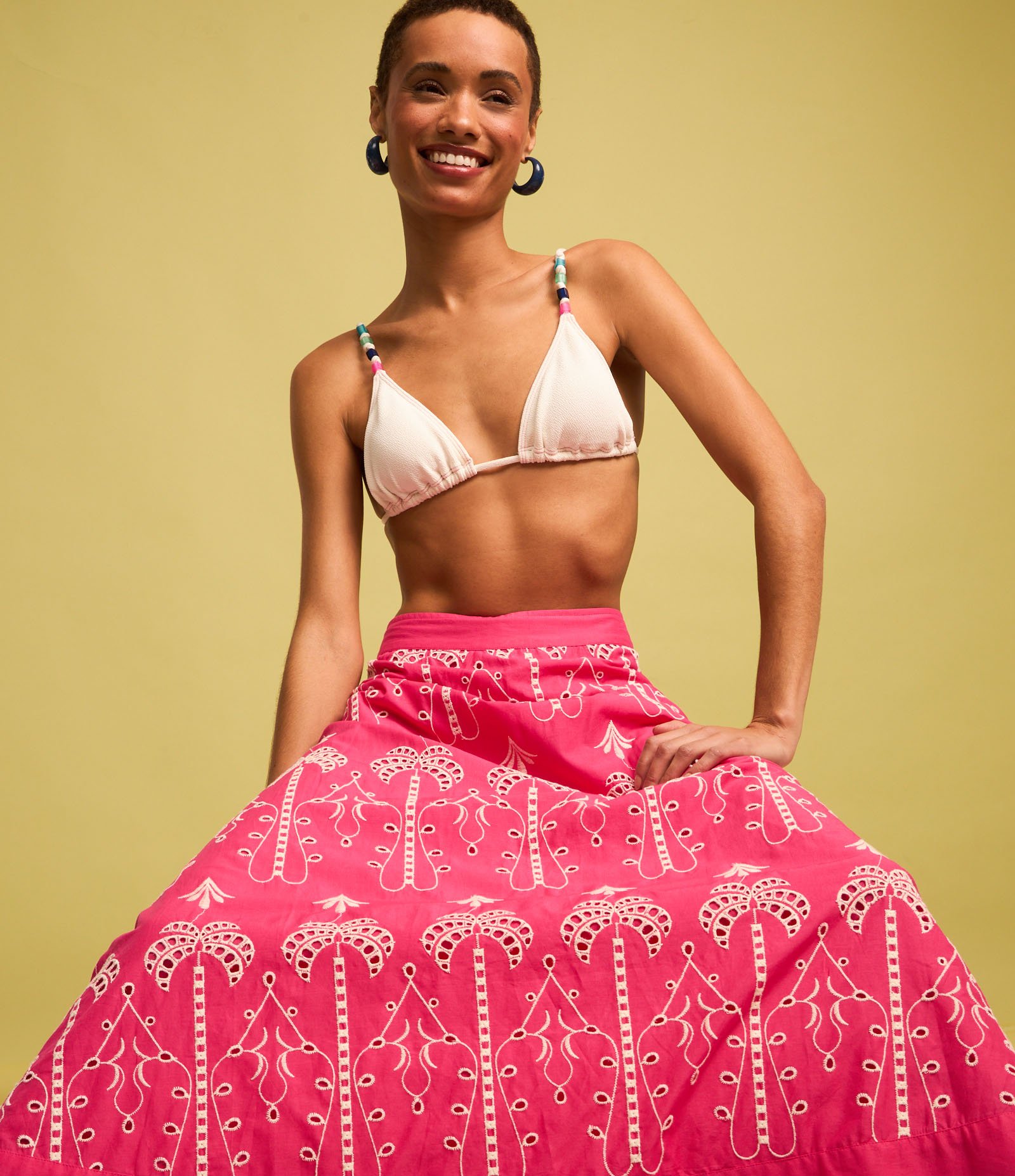 Saia New Midi em Laise com Bordado Tropical Rosa 4