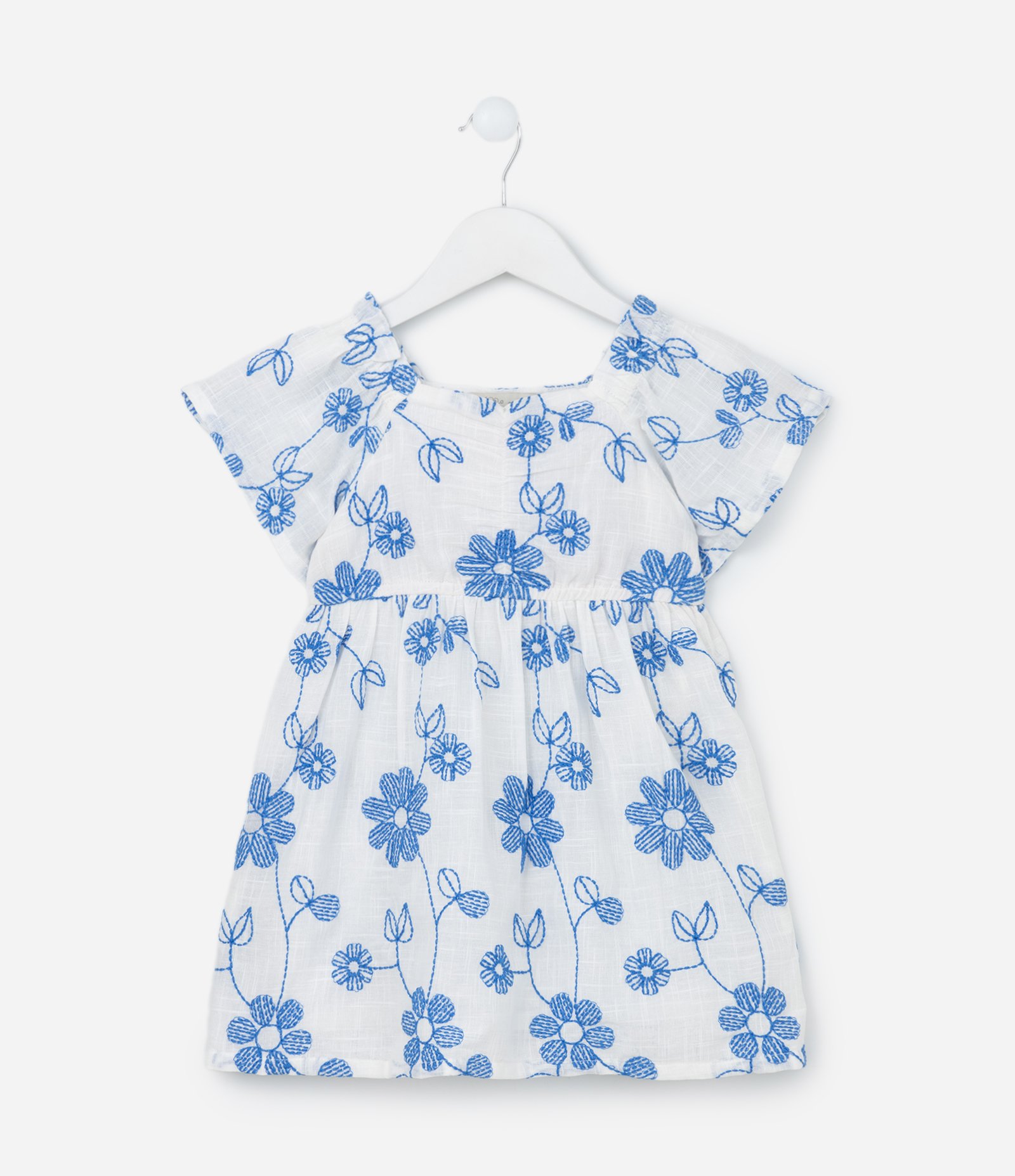 Vestido Infantil em Tricoline com Bordado Floral - Tam 1 a 5 Anos Branco/Azul 1