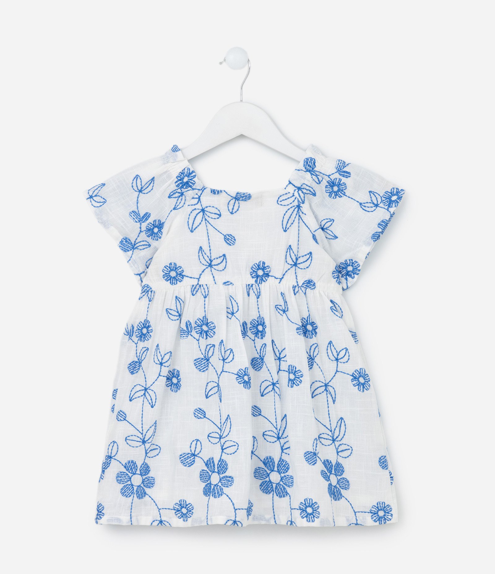 Vestido Infantil em Tricoline com Bordado Floral - Tam 1 a 5 Anos Branco/Azul 2