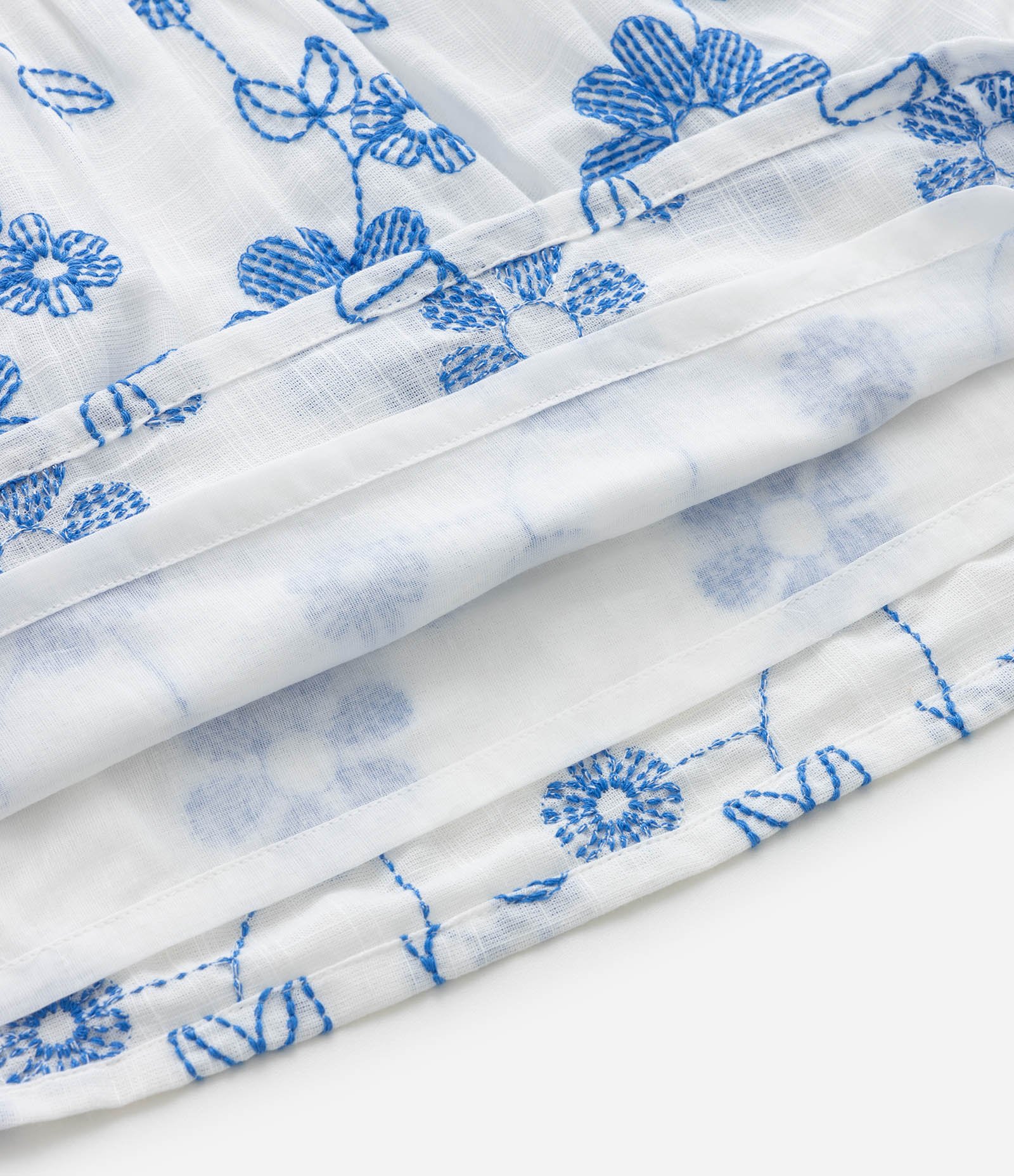 Vestido Infantil em Tricoline com Bordado Floral - Tam 1 a 5 Anos Branco/Azul 6