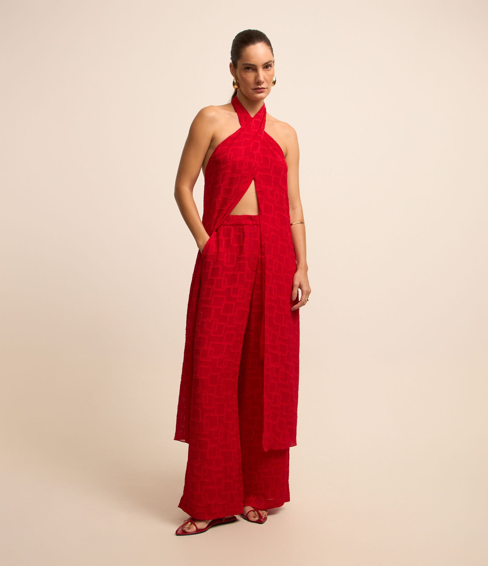 Calça Wide Leg Cintura Alta em Chiffon com Textura Jacquard Vermelho 1