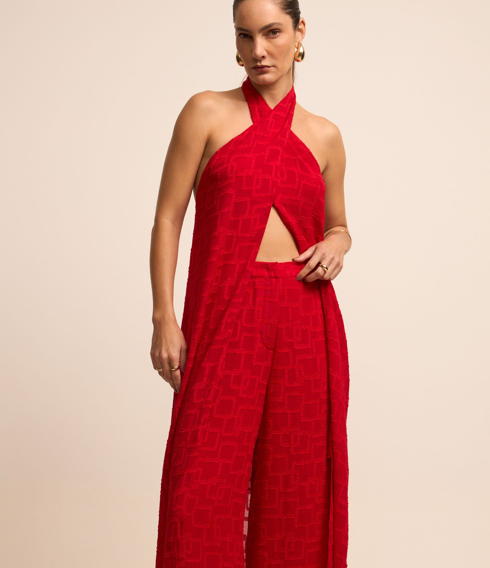 Calça Wide Leg Cintura Alta em Chiffon com Textura Jacquard Vermelho 2