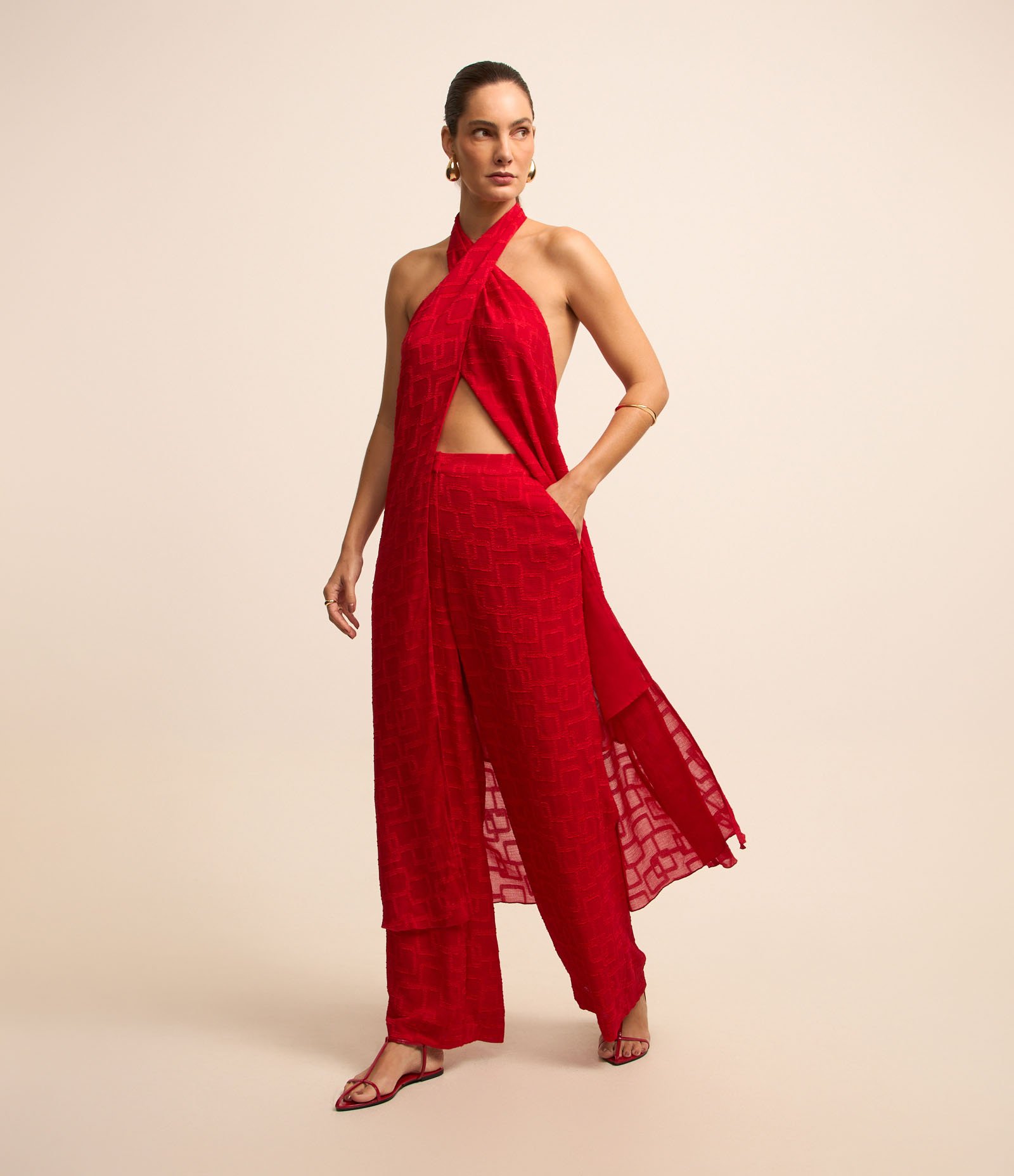 Calça Wide Leg Cintura Alta em Chiffon com Textura Jacquard Vermelho 5