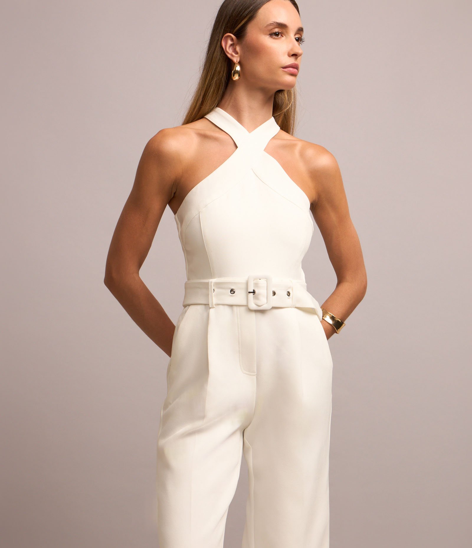 Macacão Wide Leg em Crepe com Cinto e Pregas Branco 1