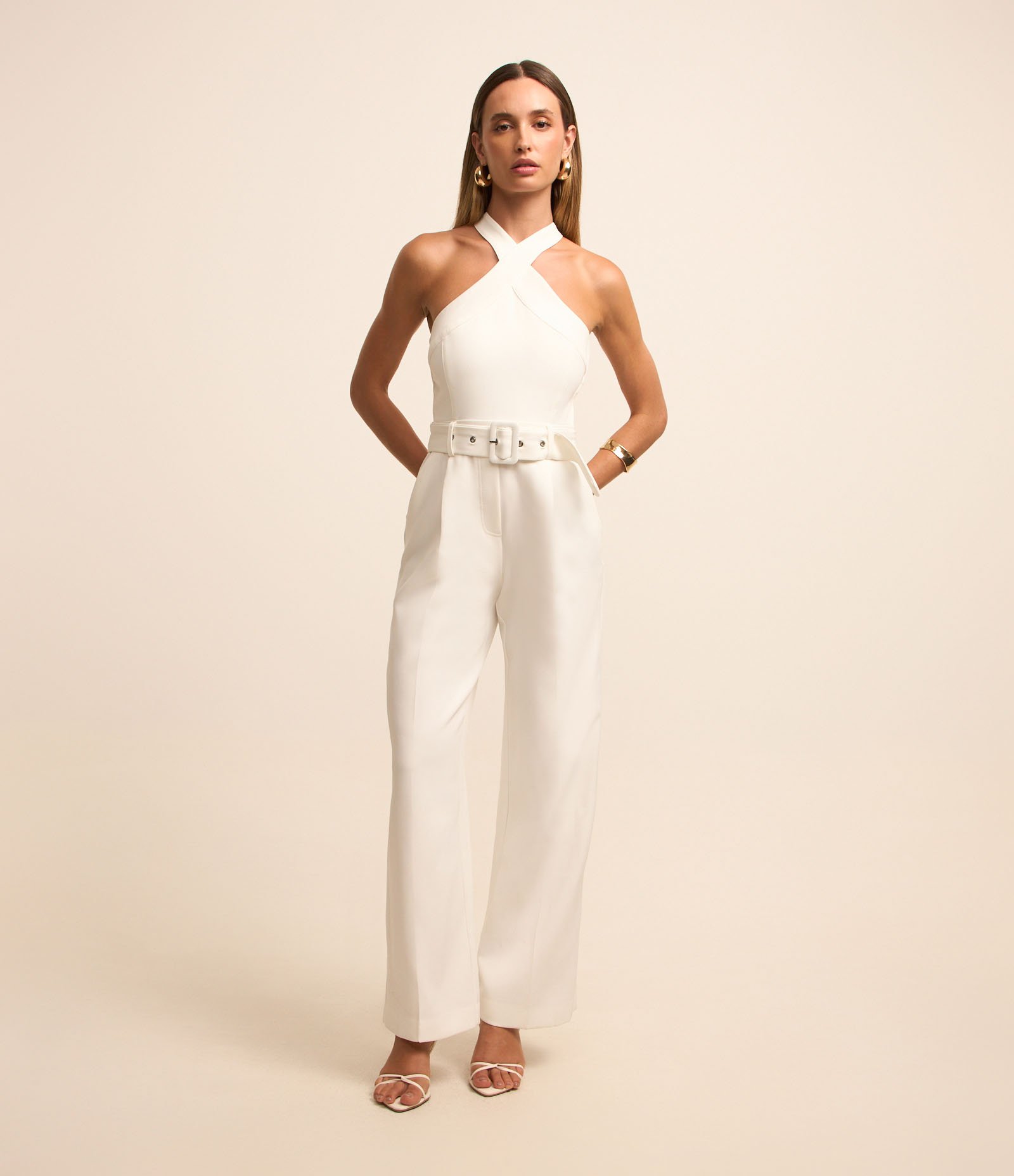 Macacão Wide Leg em Crepe com Cinto e Pregas Branco 2