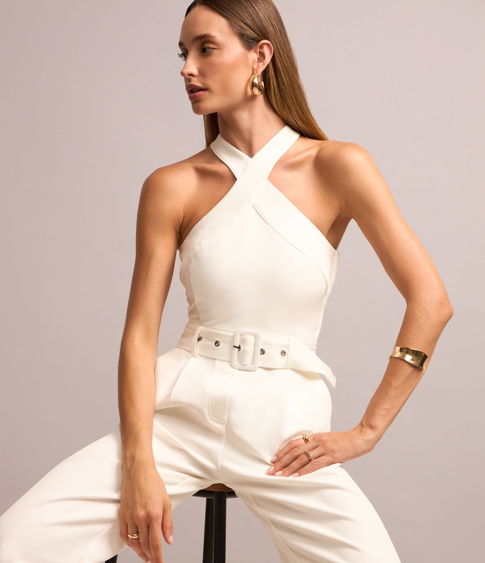 Macacão Wide Leg em Crepe com Cinto e Pregas Branco 5