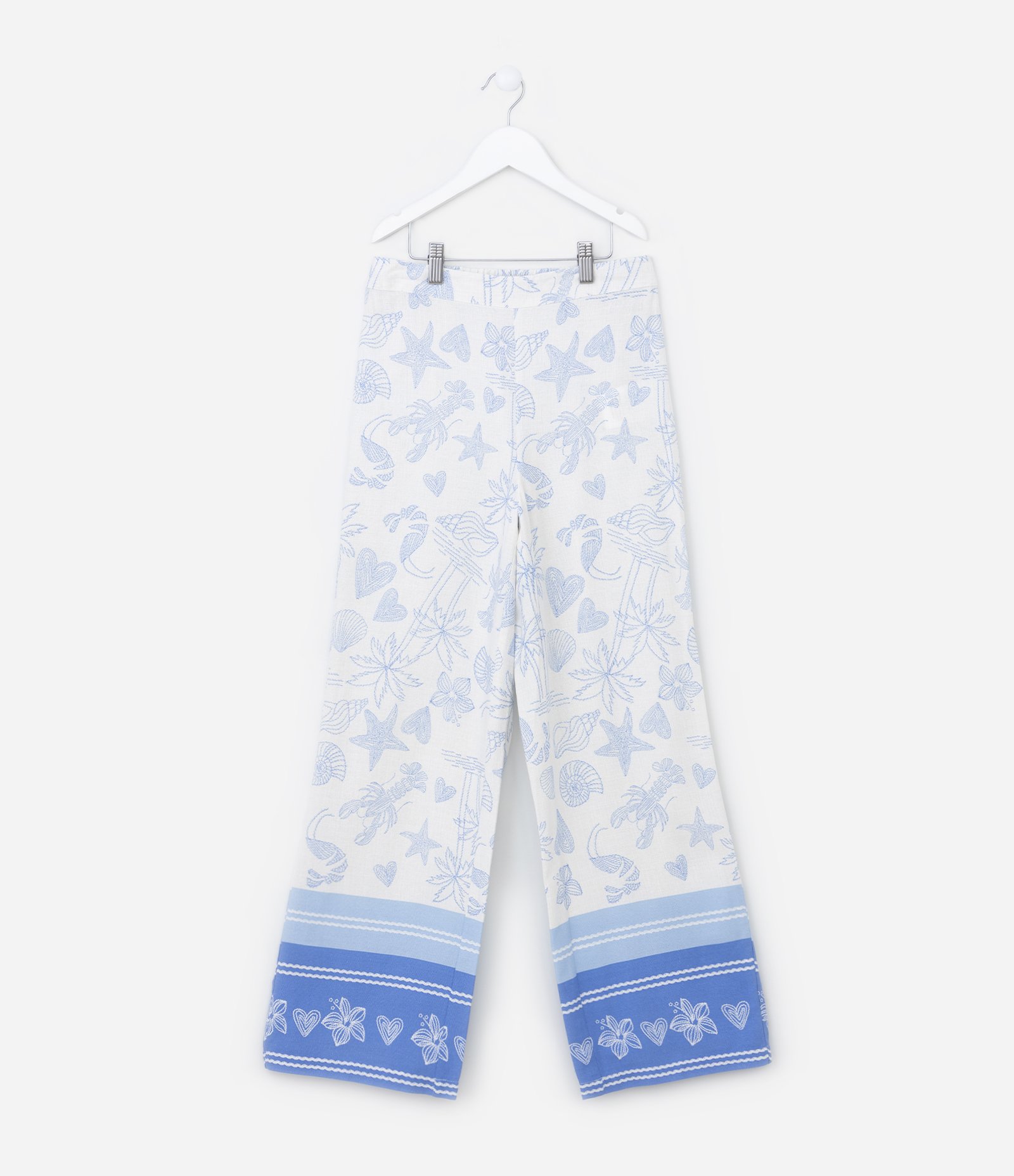 Calça Wide Leg Infantil com Estampa Fundo do Mar - Tam 5 a 14 Anos Branco/Azul 1
