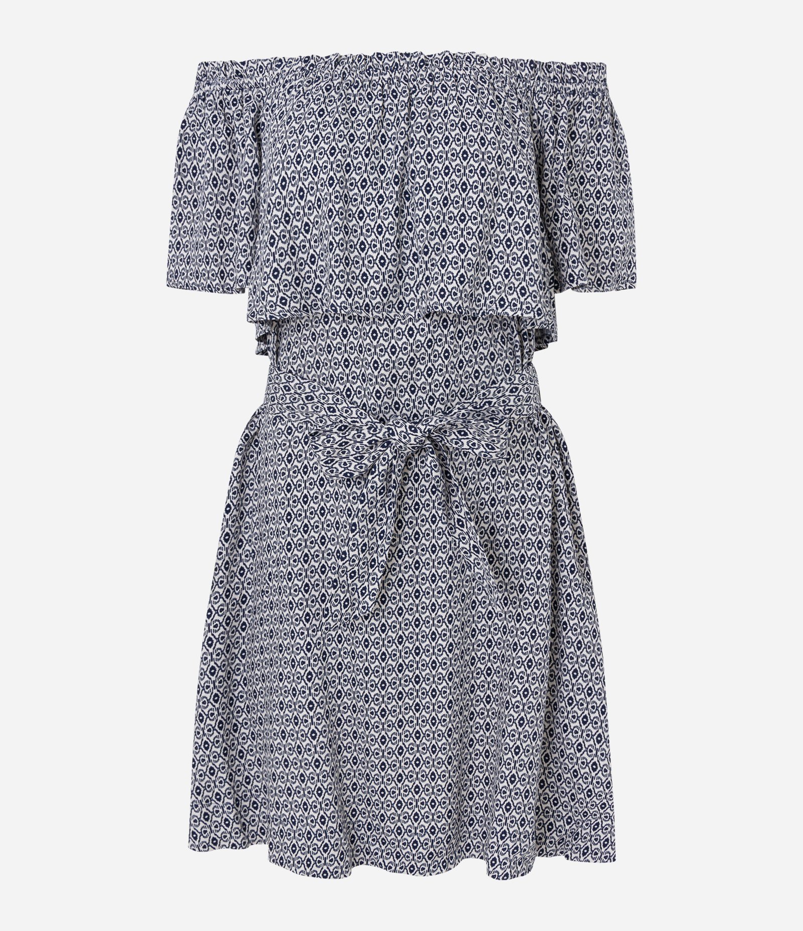 Vestido Curto Ombro a Ombro em Viscolinho com Faixa Azul/Bege 5