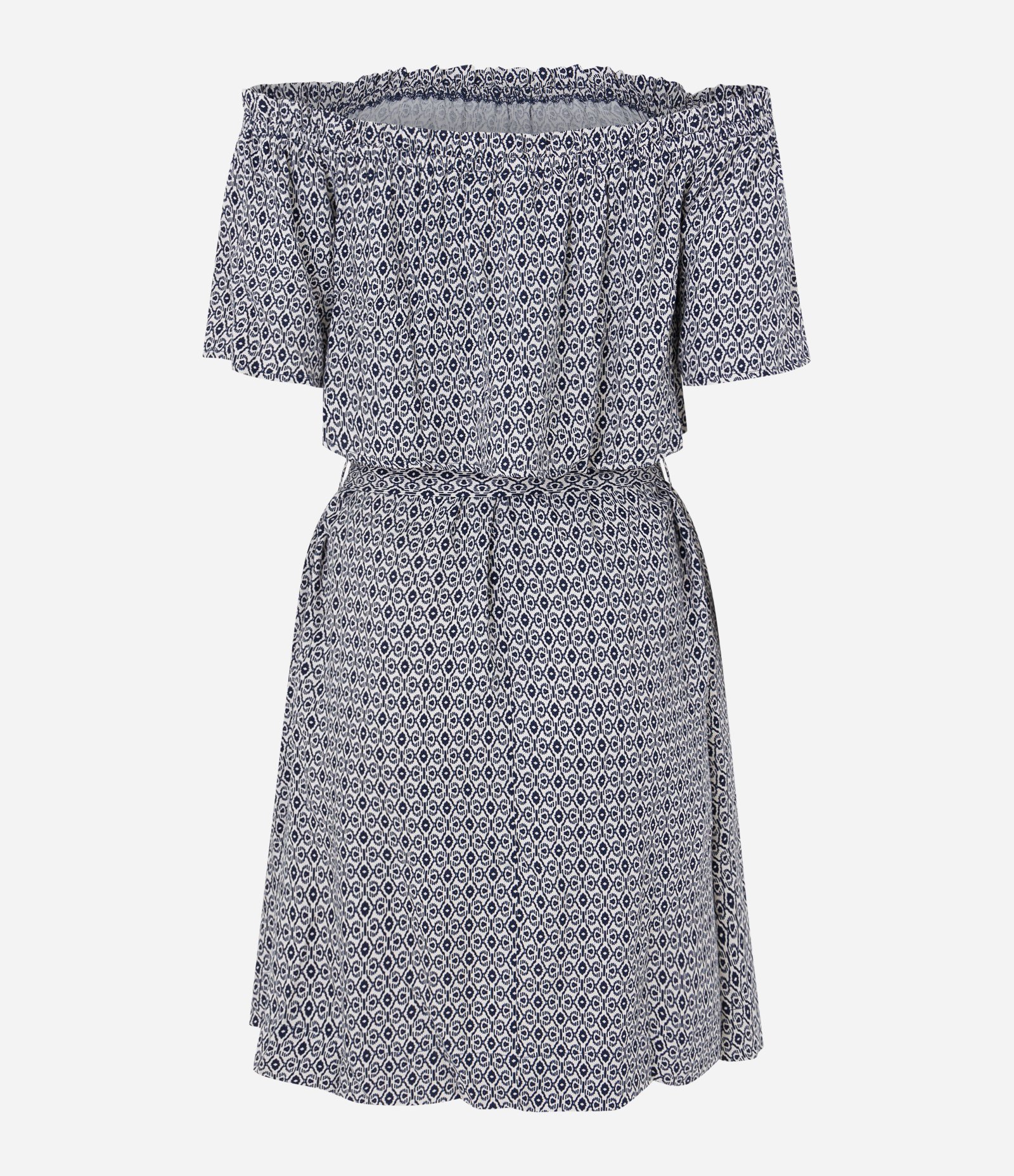 Vestido Curto Ombro a Ombro em Viscolinho com Faixa Azul/Bege 6