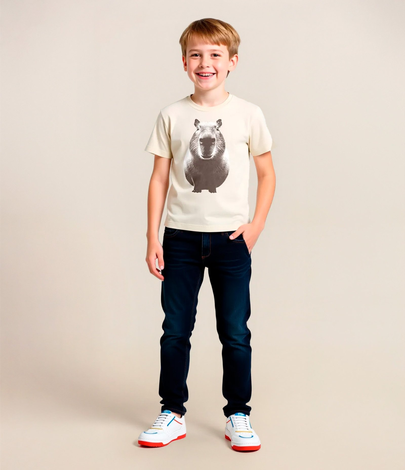 Camiseta Infantil com Estampa Frontal de Capivara - Tam 5 a 14 anos Bege 1