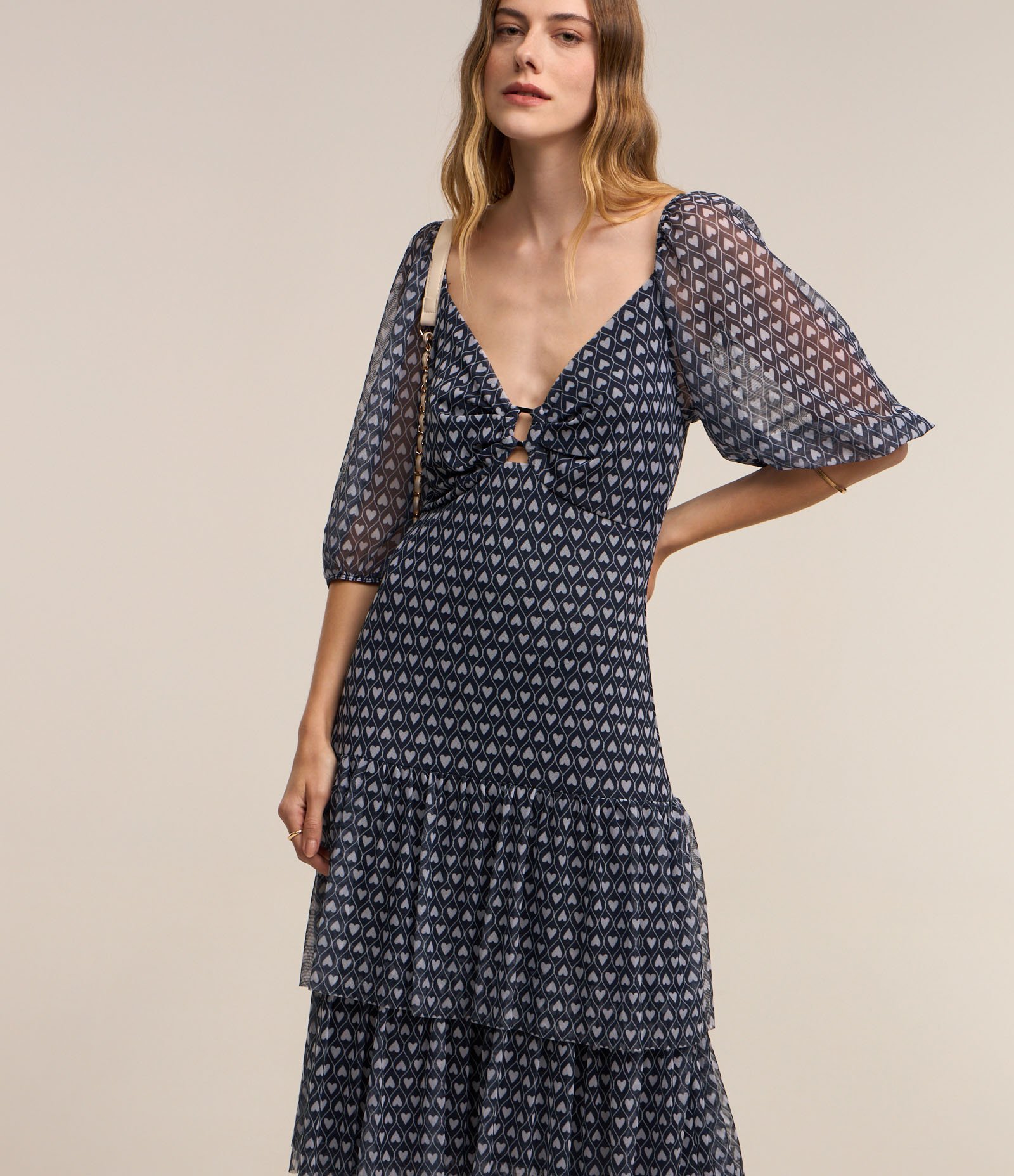 Vestido Midi em Tule com Babados e Estampa Corações Azul 1