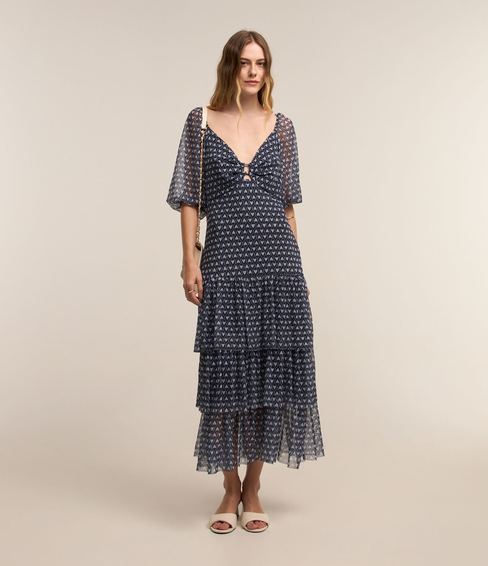 Vestido Midi em Tule com Babados e Estampa Corações Azul 2