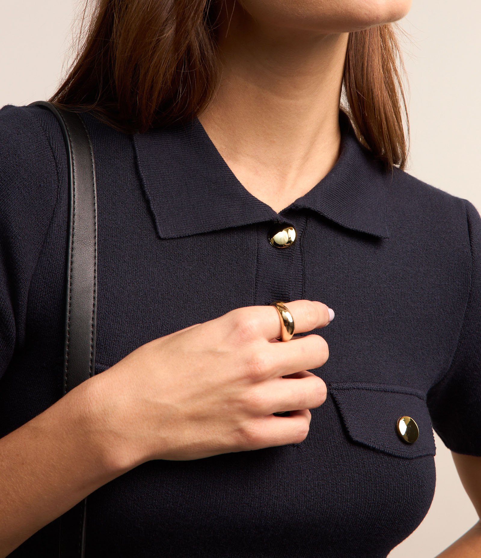 Vestido Reto em Tricô com Gola Polo e Bolsos Azul Marinho 3