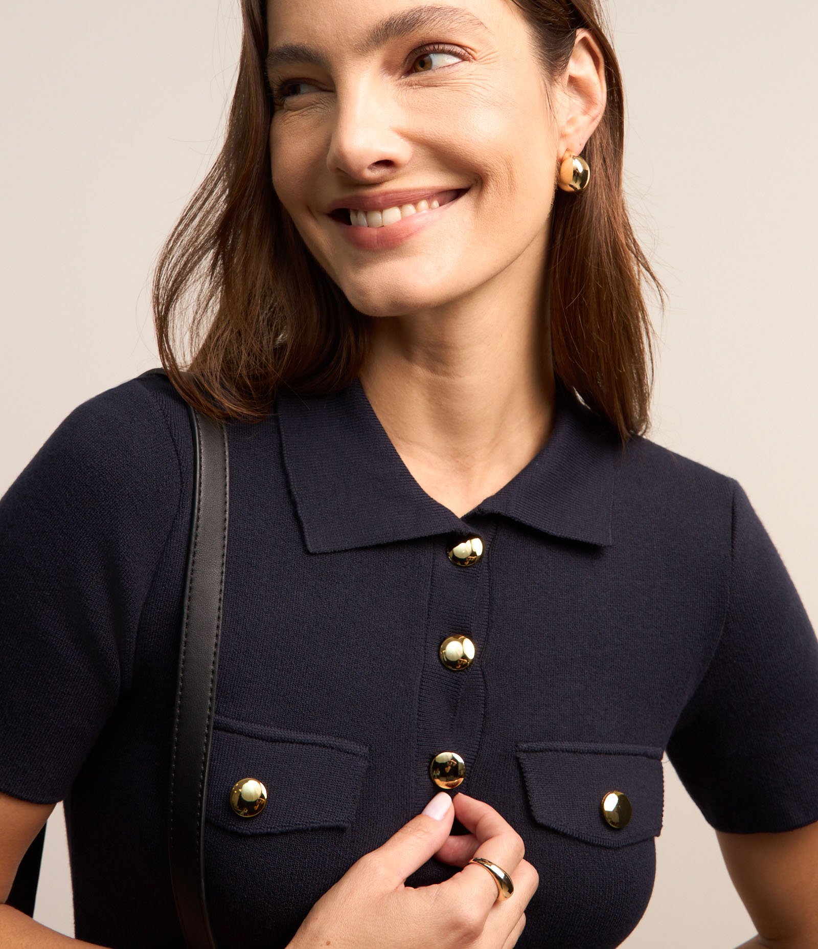 Vestido Reto em Tricô com Gola Polo e Bolsos Azul Marinho 4