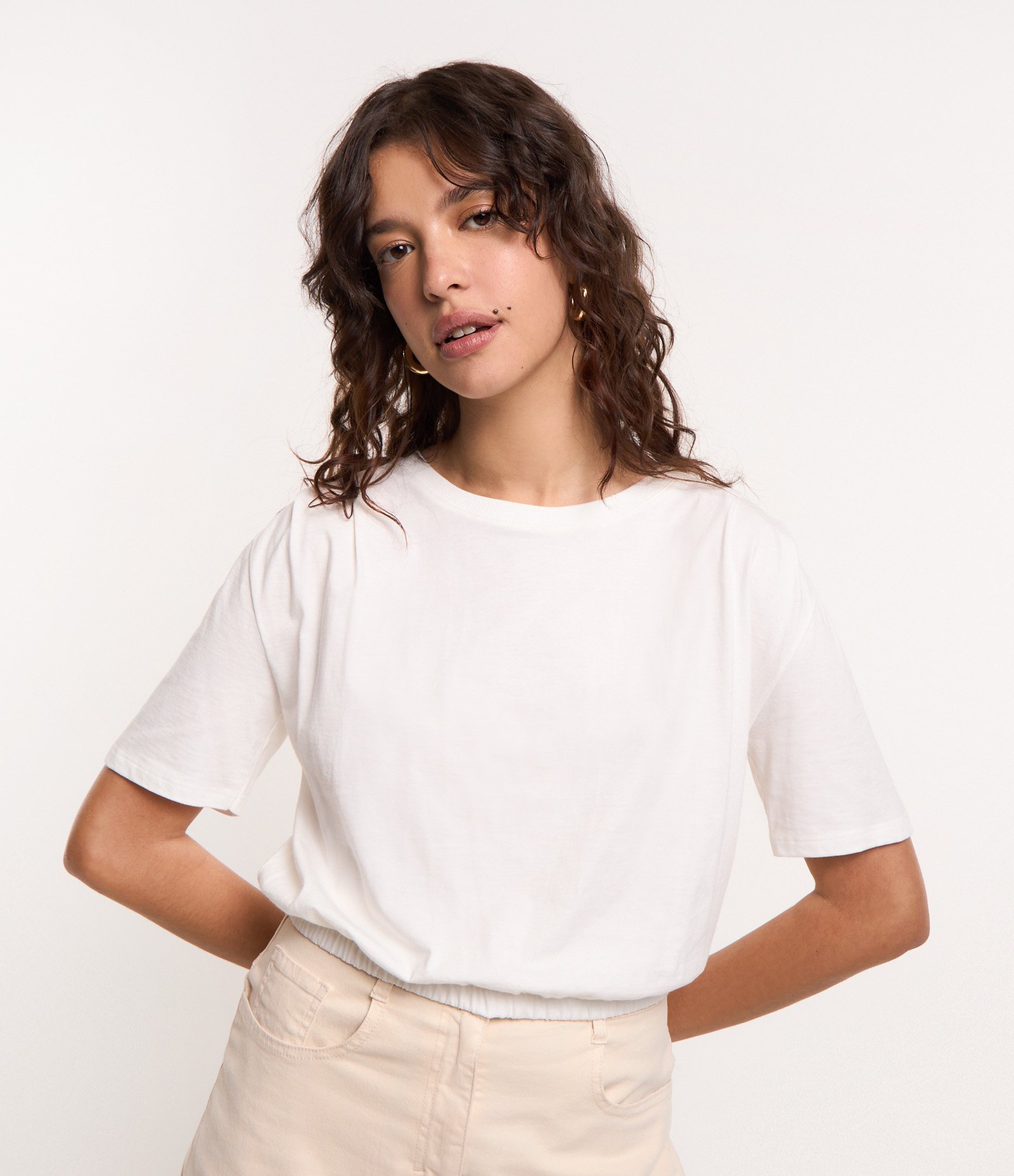 Blusa T-shirt em Algodão com Pregas no Ombro e Elástico na Barra Branco 1