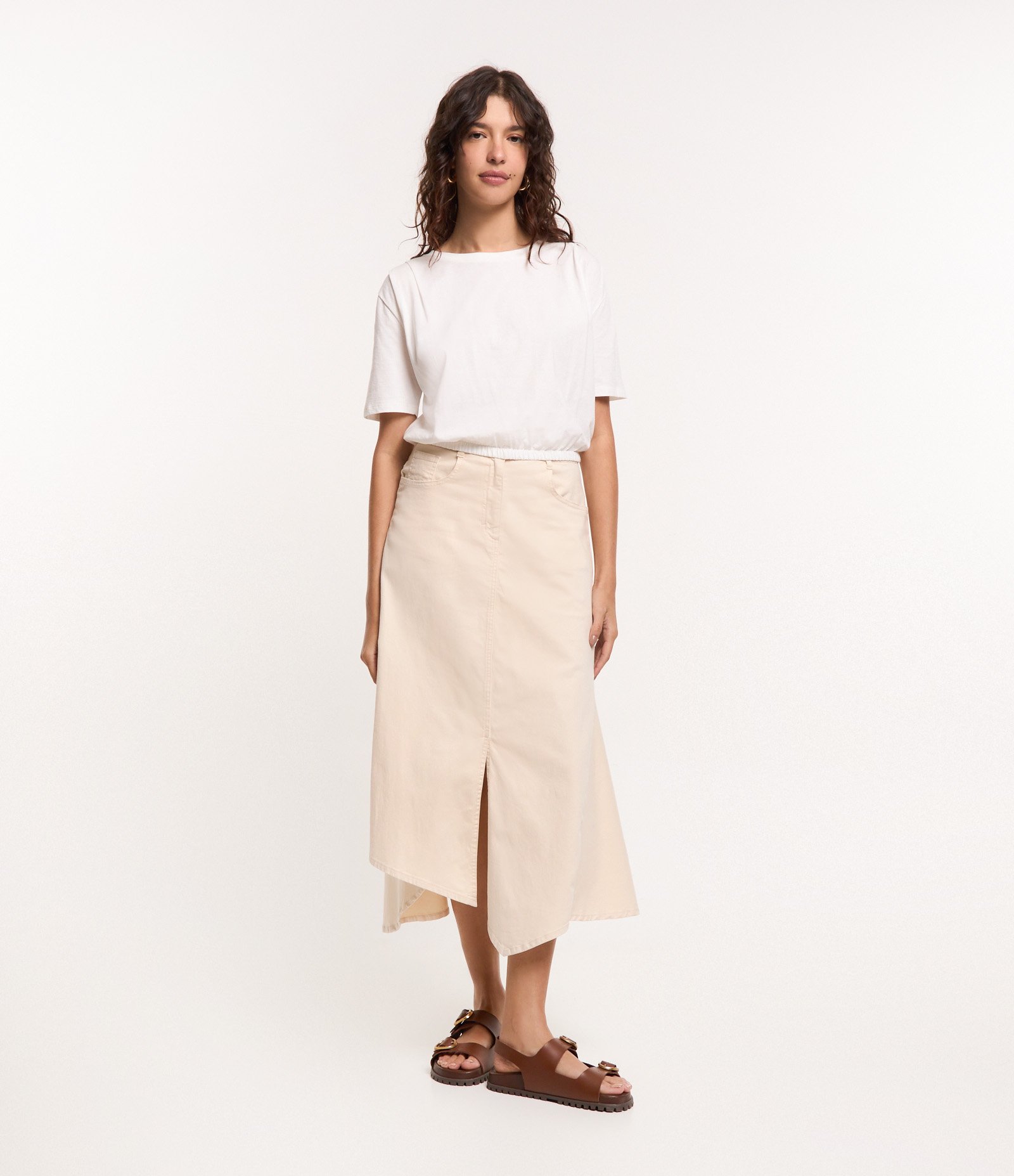 Blusa T-shirt em Algodão com Pregas no Ombro e Elástico na Barra Branco 2