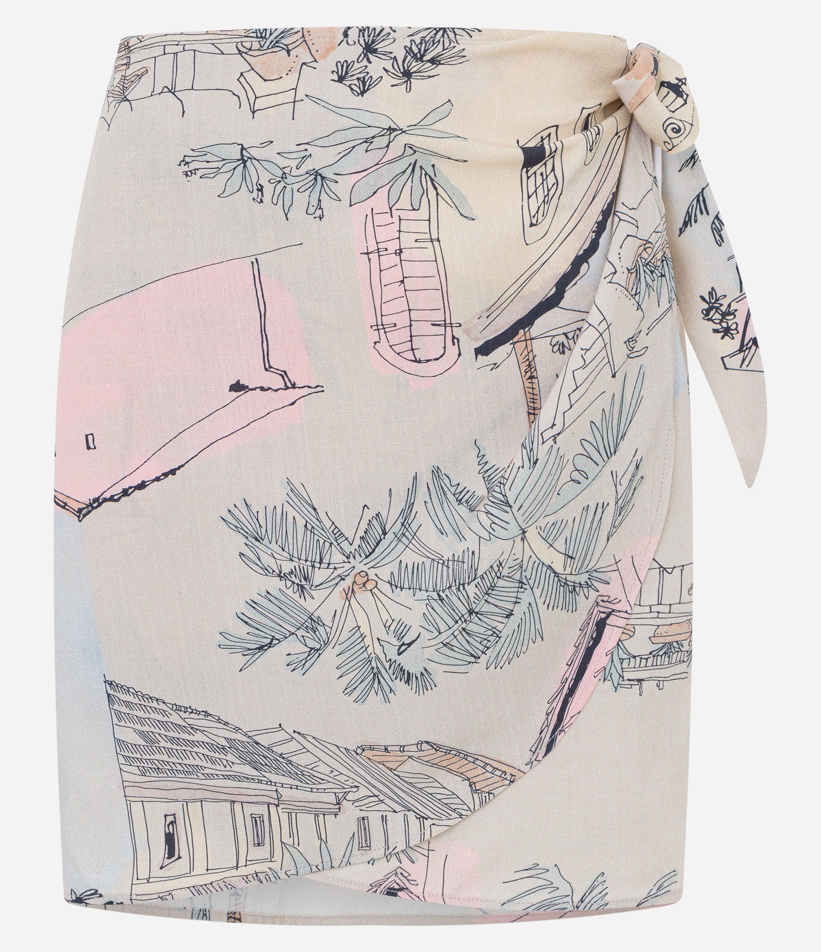 Saia Reta em Viscose com Amarração Lateral e Estampa Paisagem Bege 5