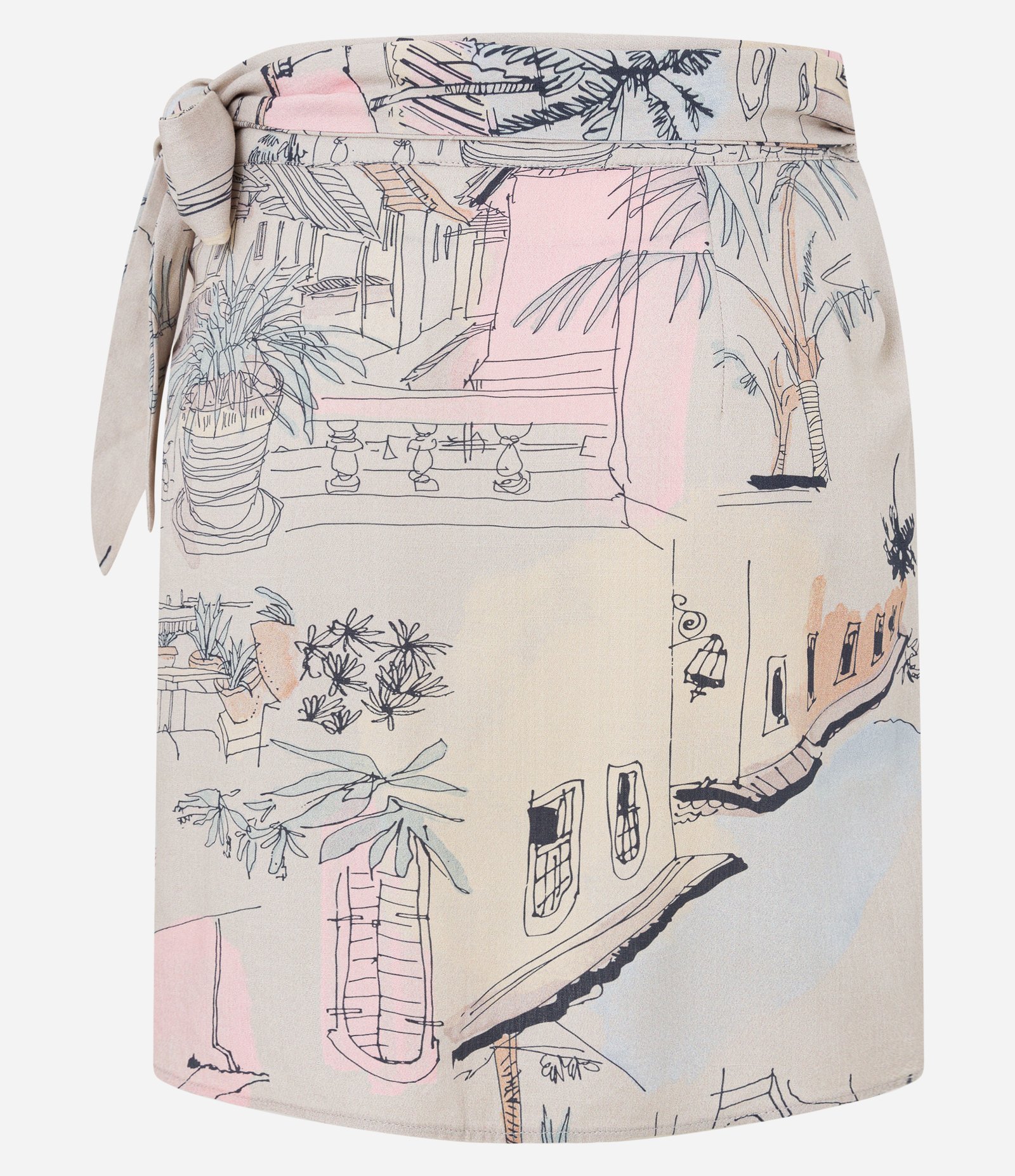 Saia Reta em Viscose com Amarração Lateral e Estampa Paisagem Bege 6