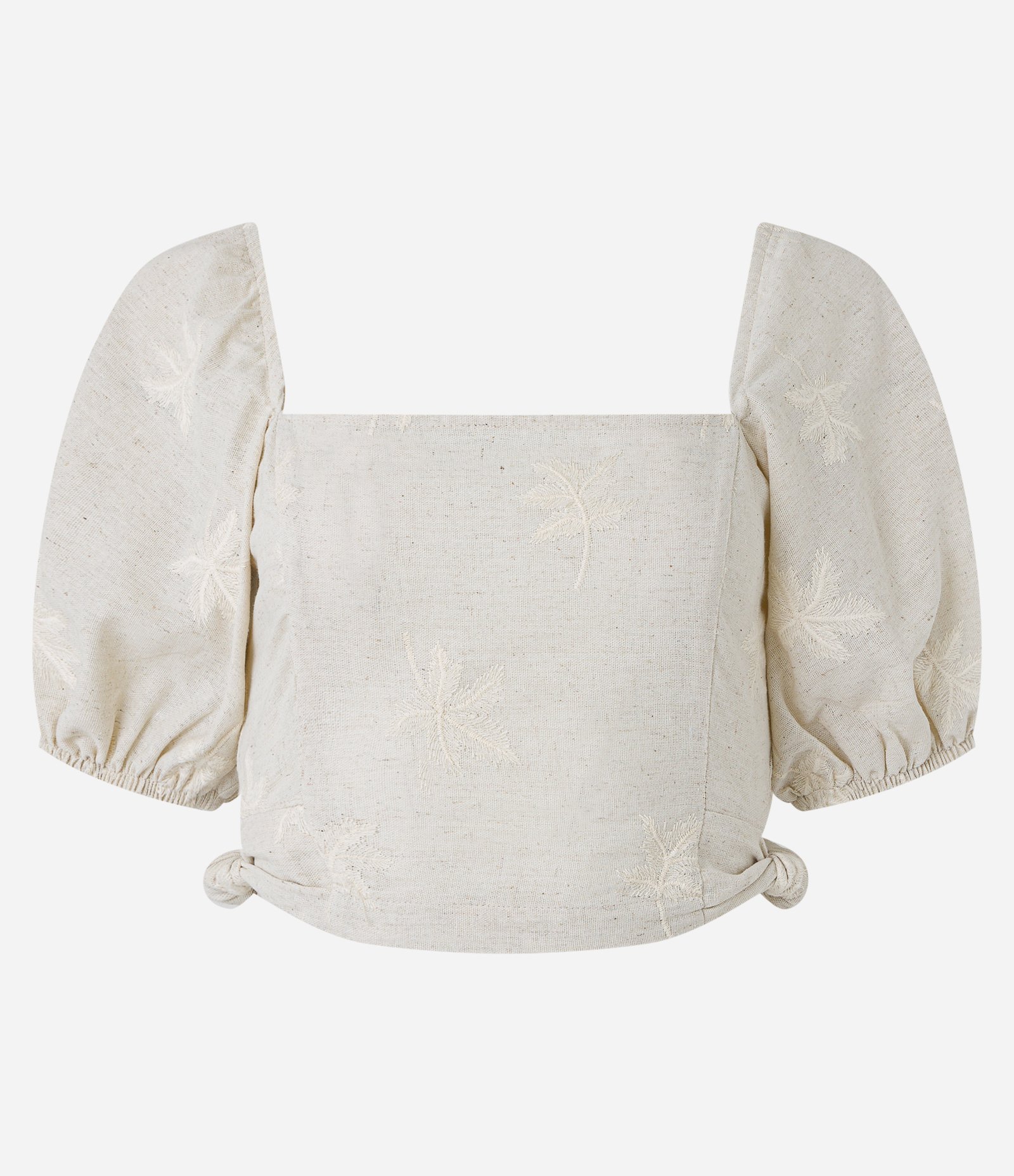 Blusa em Viscose e Linho Bordado de Folinhas e Lastex nas Costas Bege 6