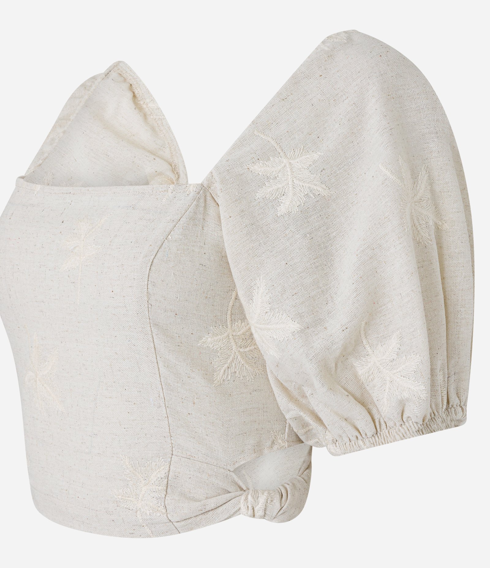 Blusa em Viscose e Linho Bordado de Folinhas e Lastex nas Costas Bege 7