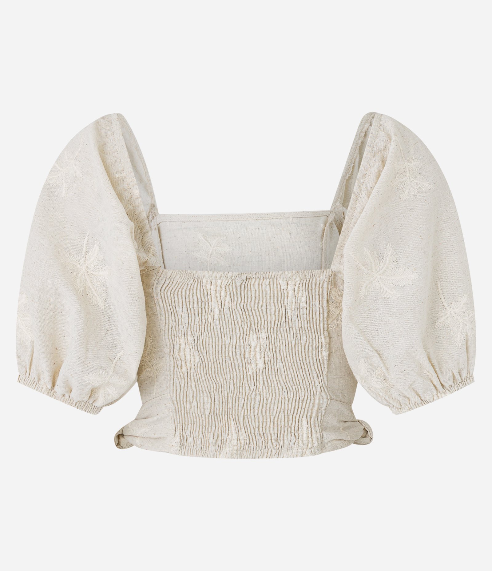 Blusa em Viscose e Linho Bordado de Folinhas e Lastex nas Costas Bege 8