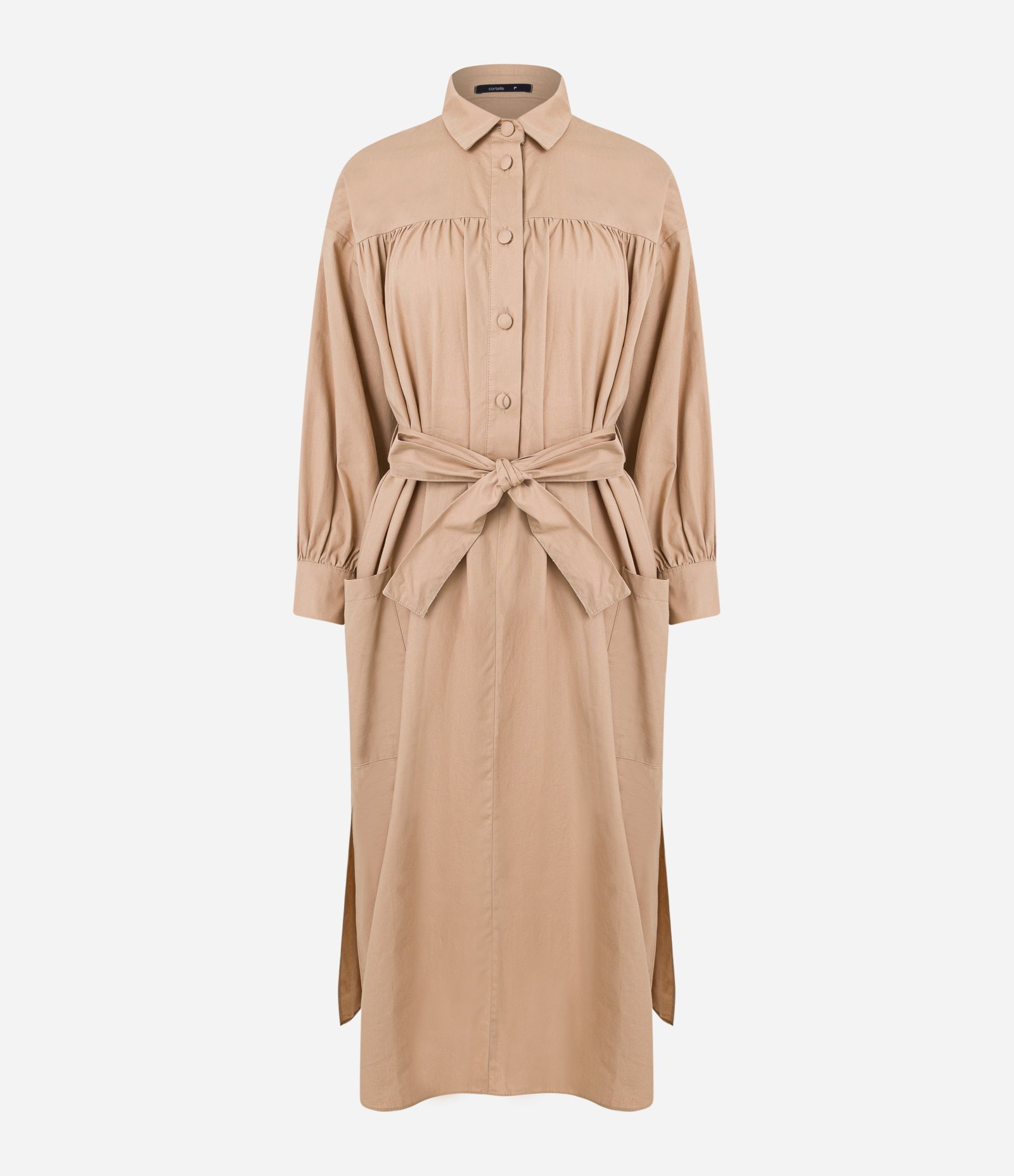 Vestido Chemise Midi em Tricoline com Pregas e Amarração Bege 5