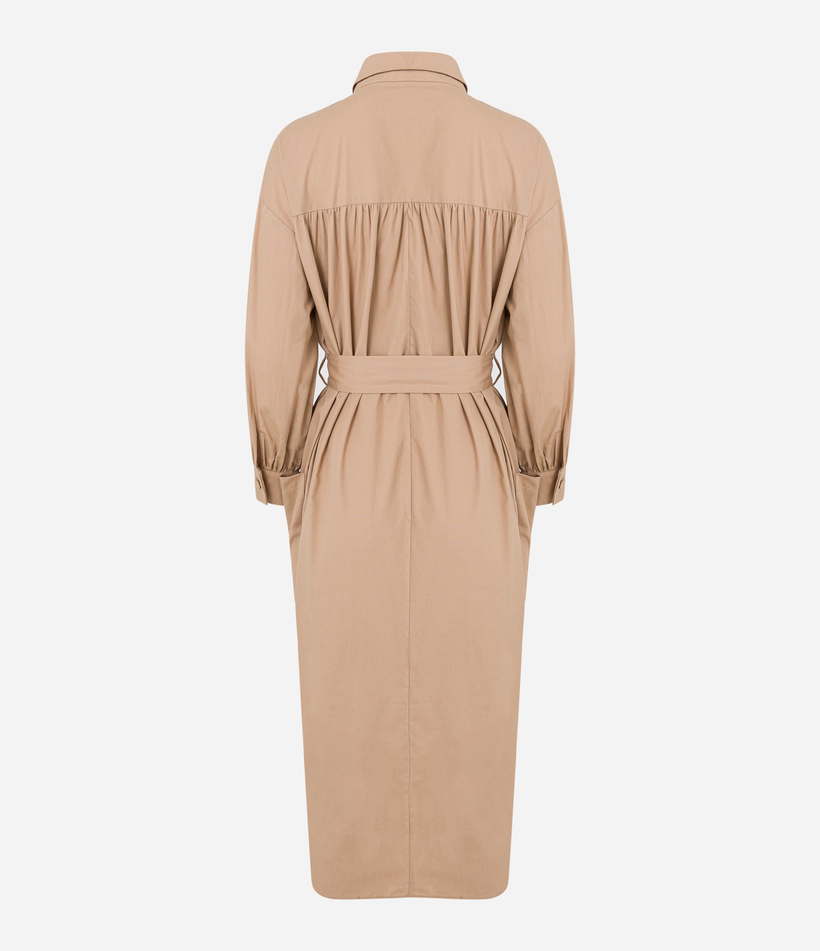 Vestido Chemise Midi em Tricoline com Pregas e Amarração Bege 6