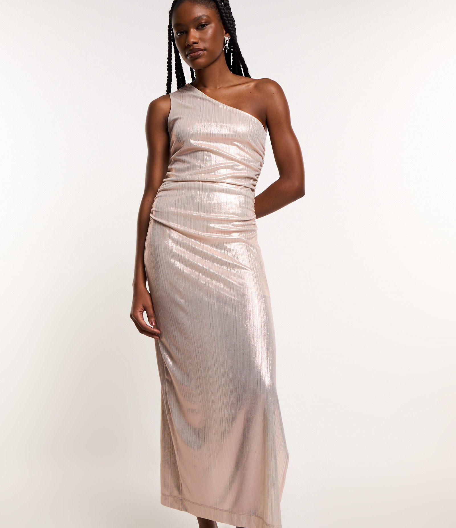 Vestido Midi Metalizado com Ombro Só e Franzido Lateral Rose 2
