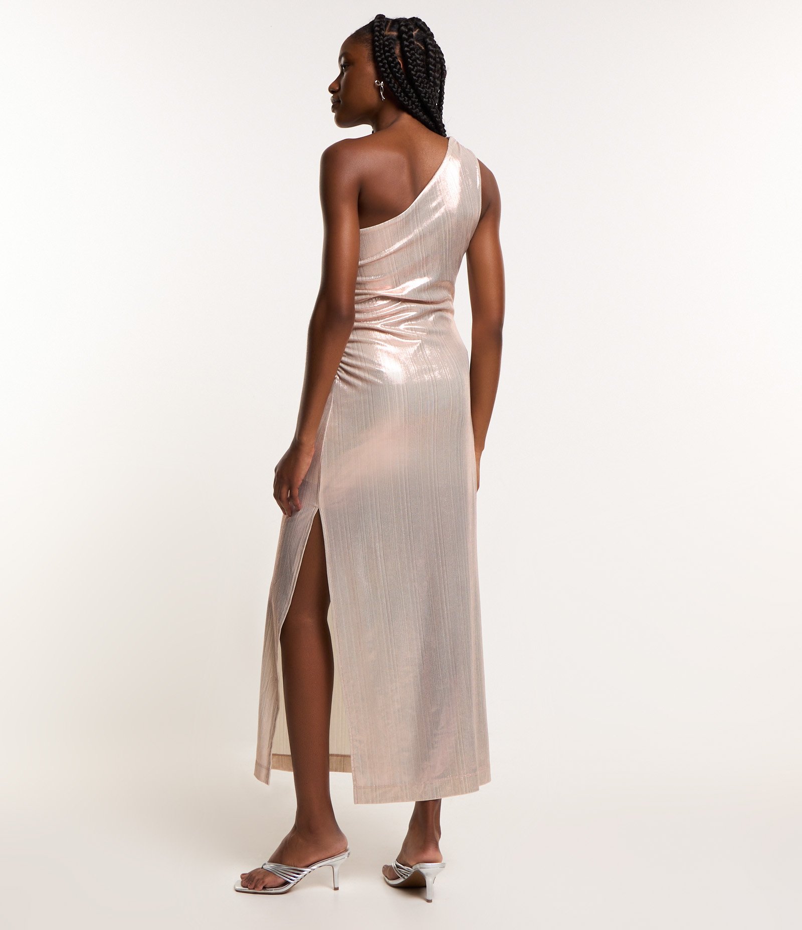 Vestido Midi Metalizado com Ombro Só e Franzido Lateral Rose 3