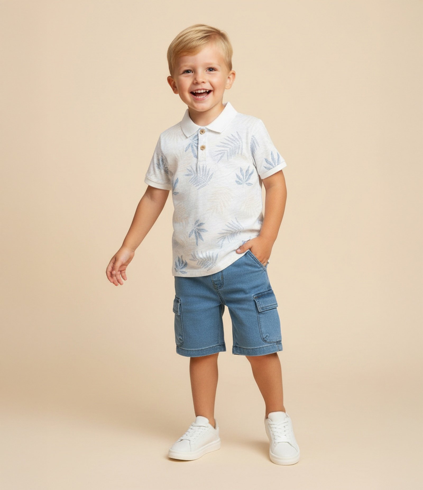Camiseta Polo Infantil com Estampa de Folhagens - Tam 1 a 5 anos Branco/Azul 1