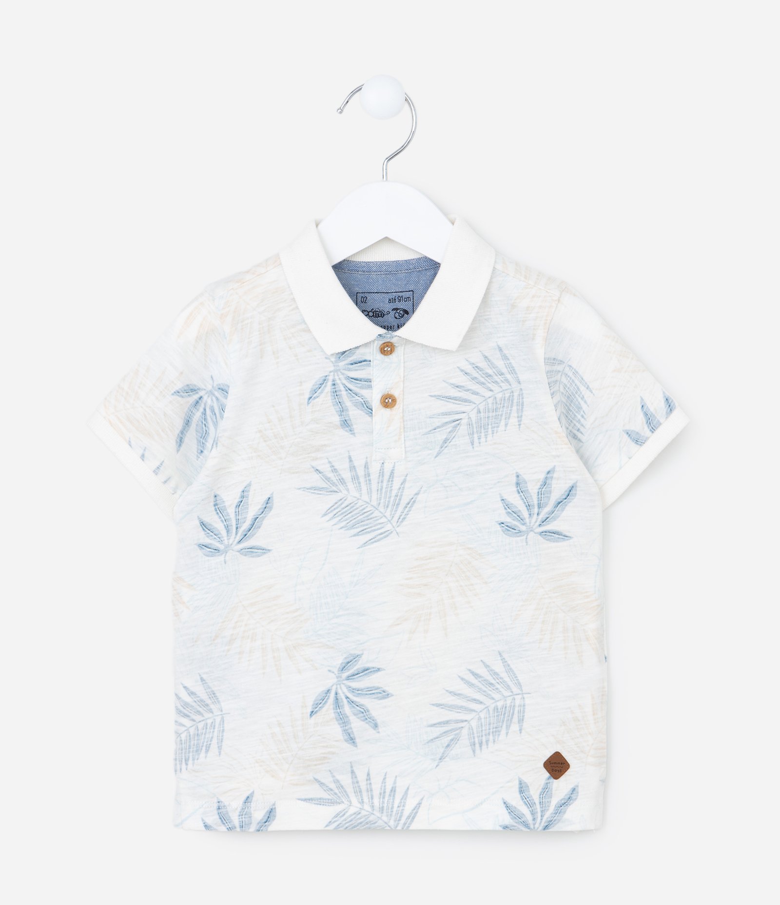 Camiseta Polo Infantil com Estampa de Folhagens - Tam 1 a 5 anos Branco/Azul 1