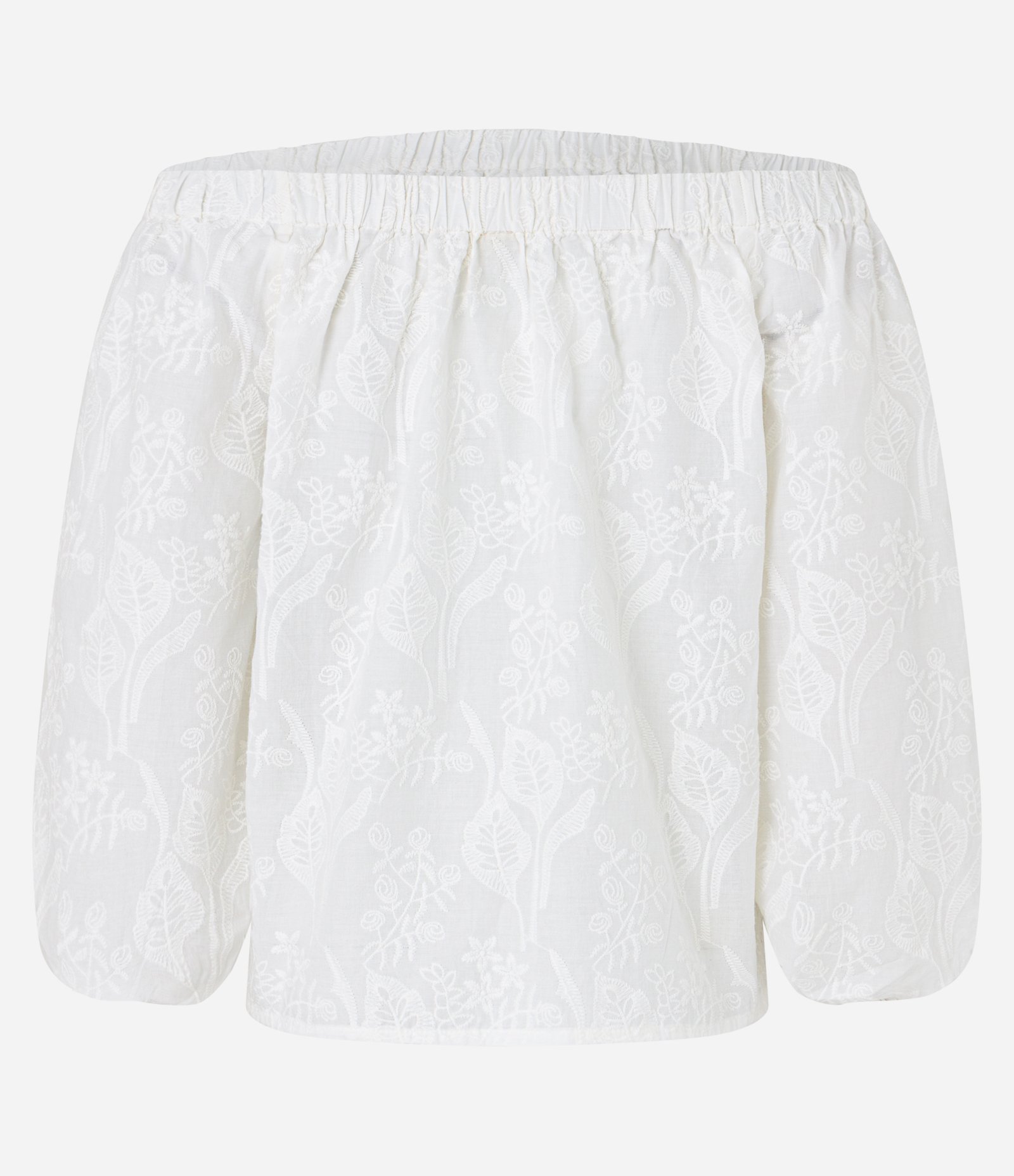 Blusa Ombro a Ombro em Tricoline com Flores Bordadas Branco 7