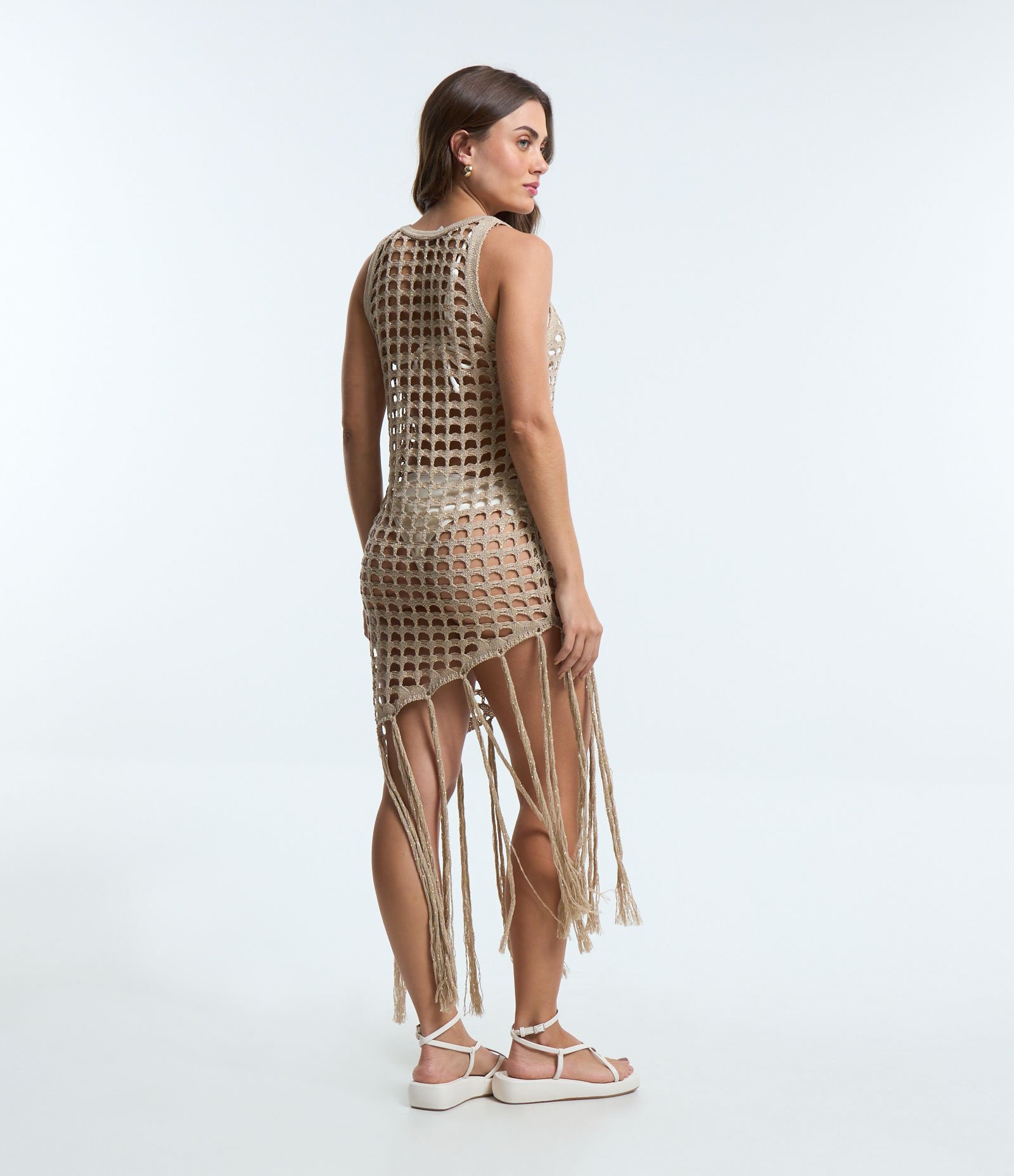 Saída de Praia Vestido em Crochê com Franjas Bege 2