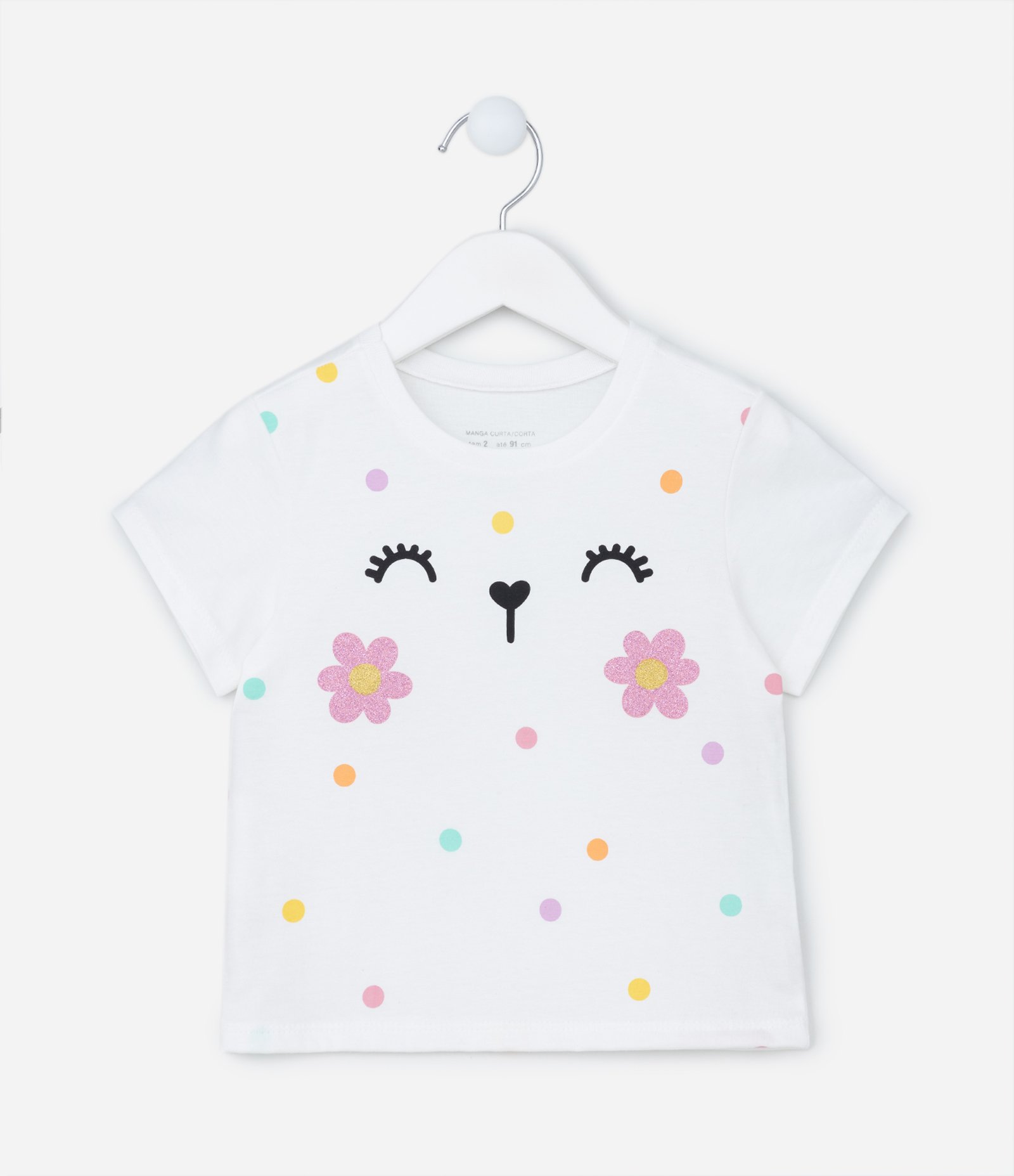 Blusa Infantil em Algodão com Estampa Carinha e Florzinhas - Tam 1 a 5 Anos Branco Neve 1