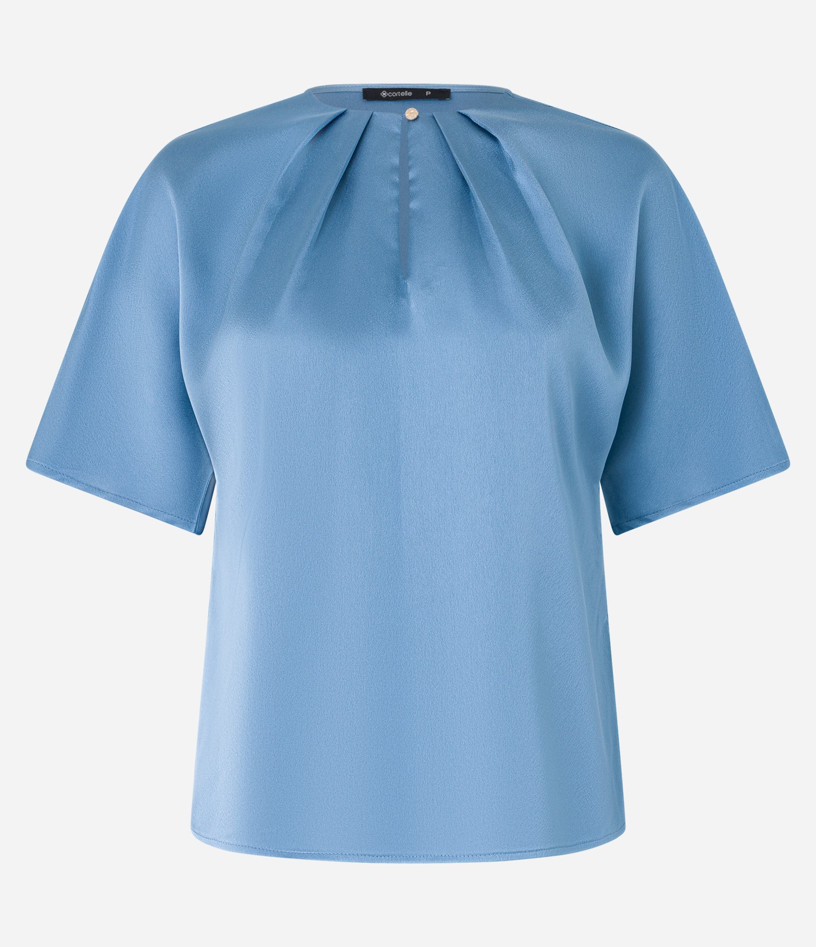 Blusa em Tecido Acetinado com Pregas na Gola Azul Perolado 5