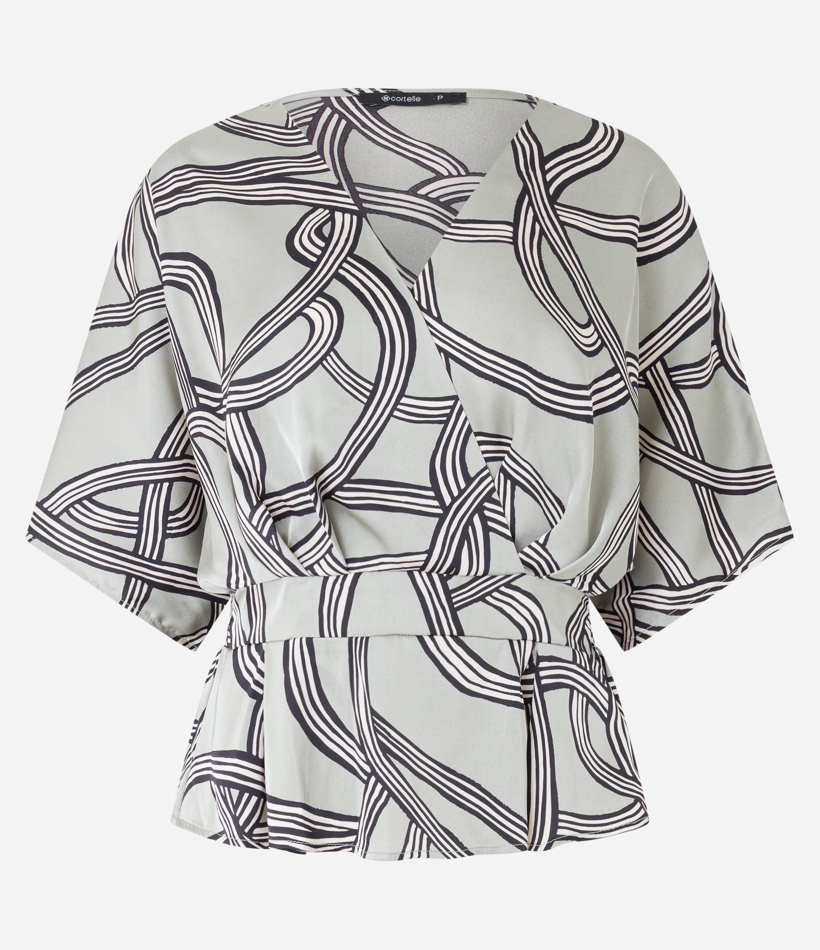 Blusa em Tecido Acetinado com Transpasse Frontal e Estampa Abstrata Cinza 5