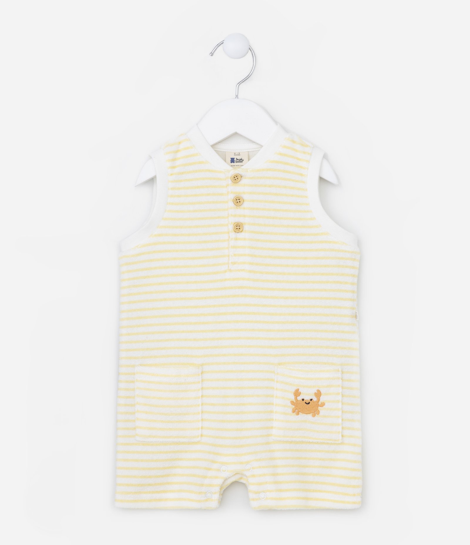 Macacão Infantil com Abertura Frontal Listrado com Estampa Caranguejos - Tam 0 a 18 Meses Amarelo/Branco 1