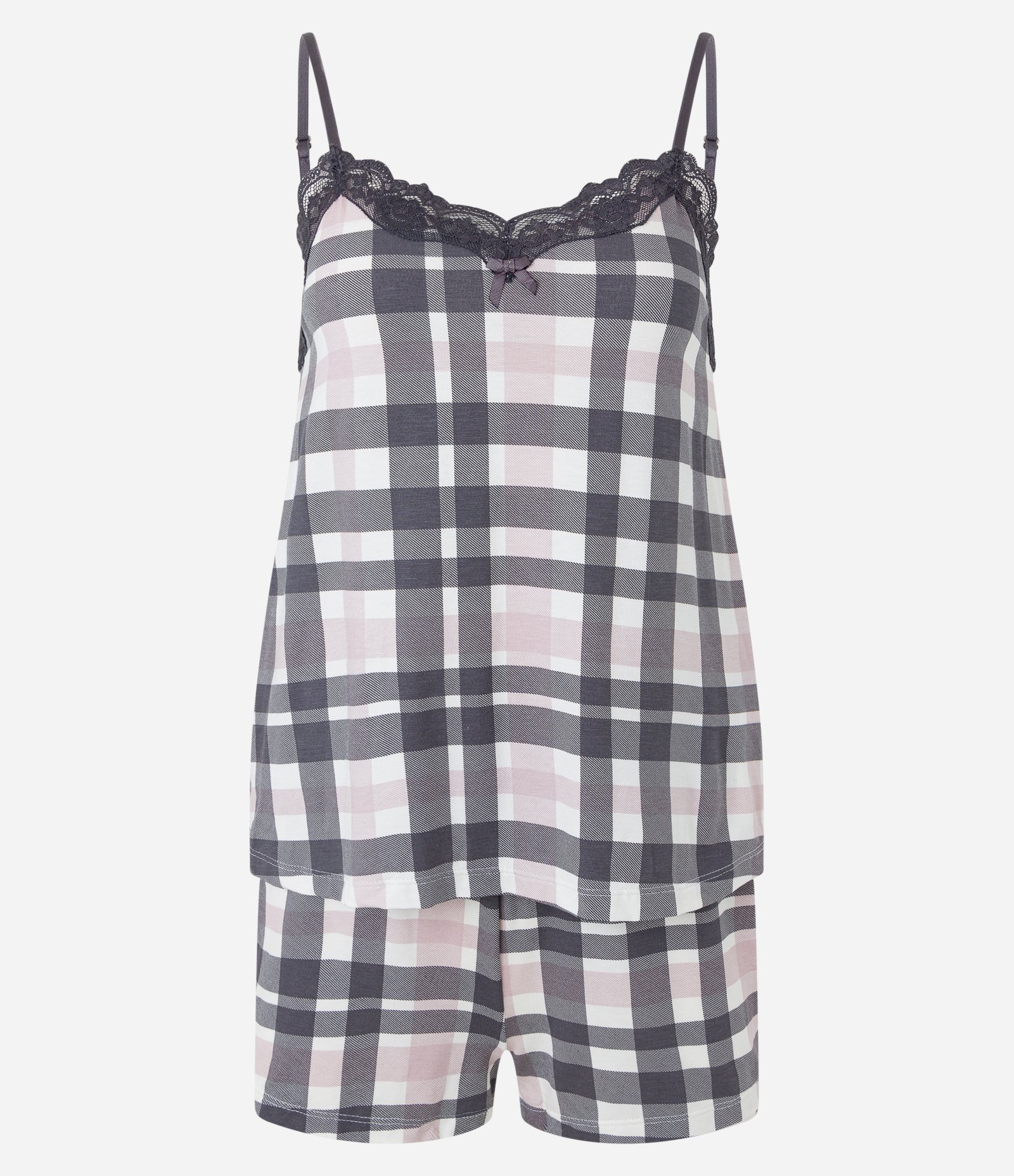 Pijama Short Doll em Viscose com Estampa Xadrez e Detalhe em Renda Cinza 5