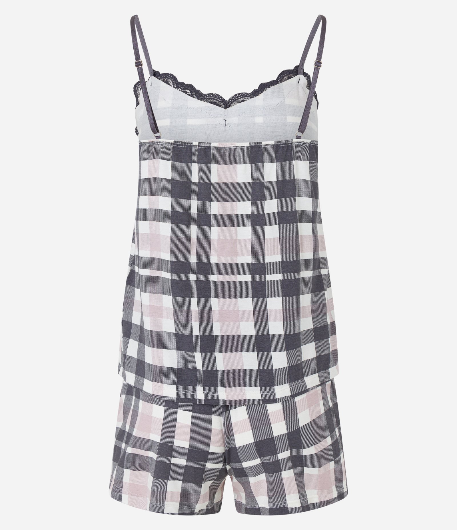 Pijama Short Doll em Viscose com Estampa Xadrez e Detalhe em Renda Cinza 6