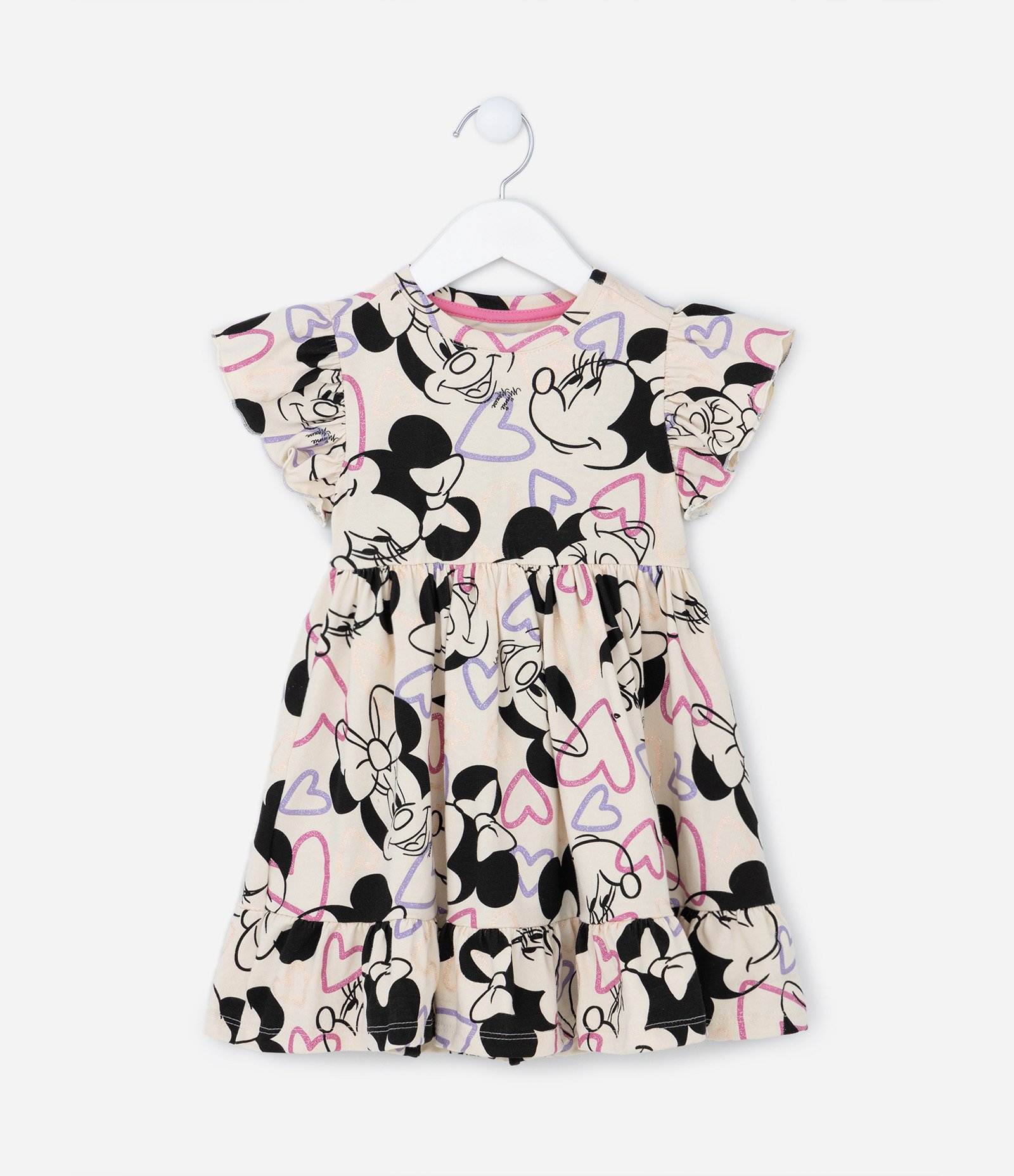 Vestido Infantil em Algodão com Babados e Estampa Minnie - Tam 1 a 6 anos Off White 1