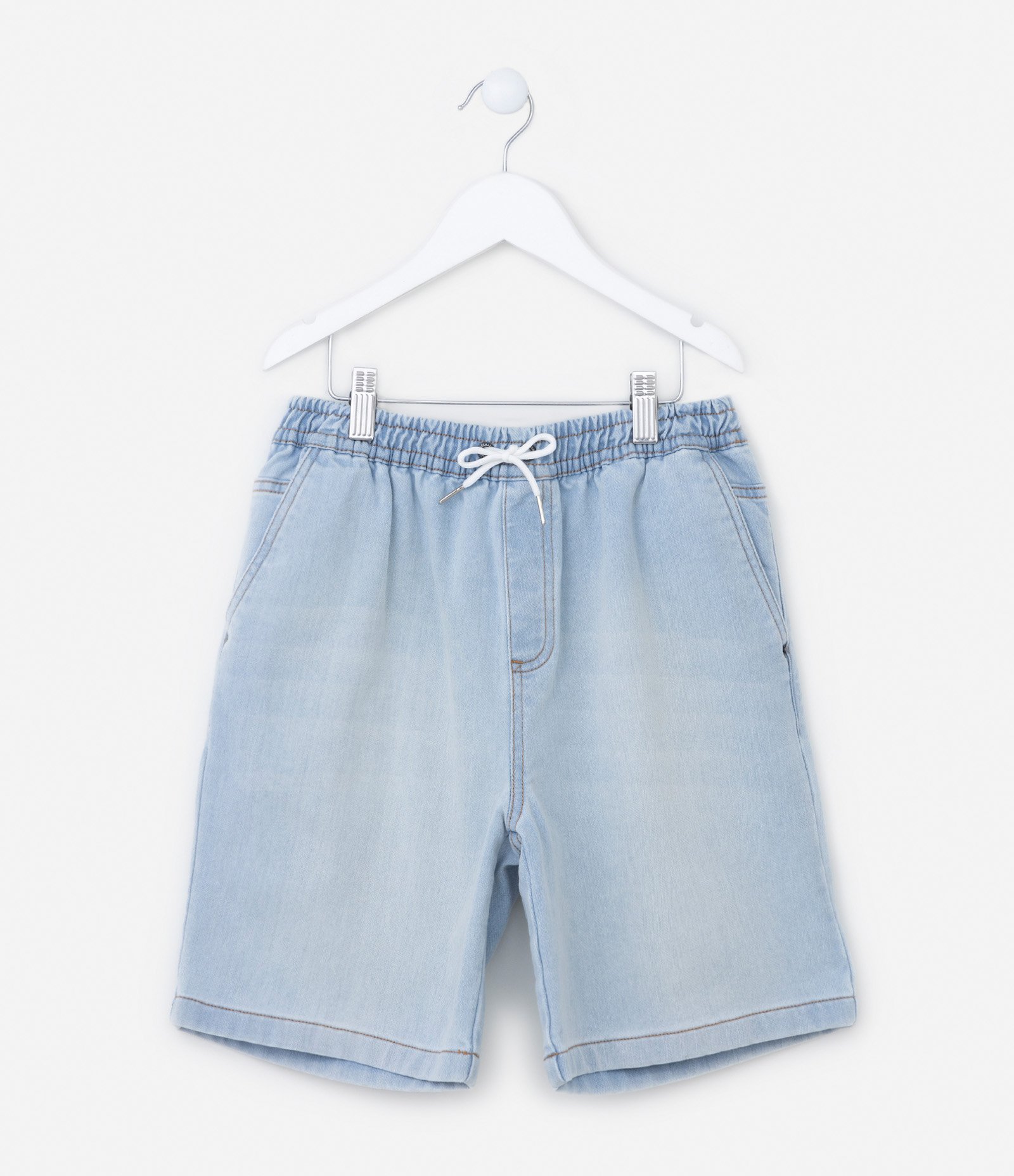 Bermuda Infantil em Jeans com Cós Elástico - Tam 5 a 14 anos Azul Claro 1