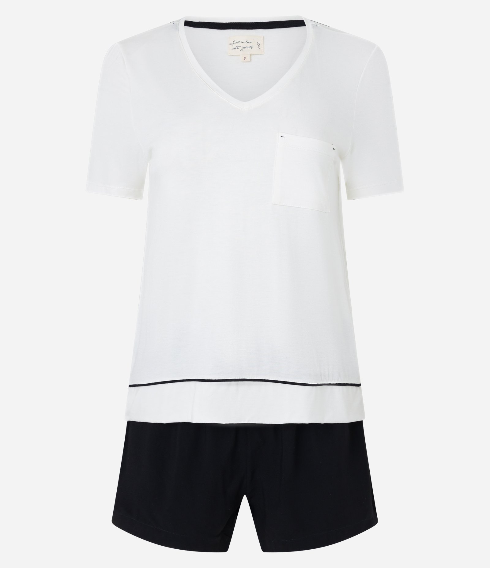 Pijama Short Doll com Bolsinho e Viés Contrastante Preto/Off White 5