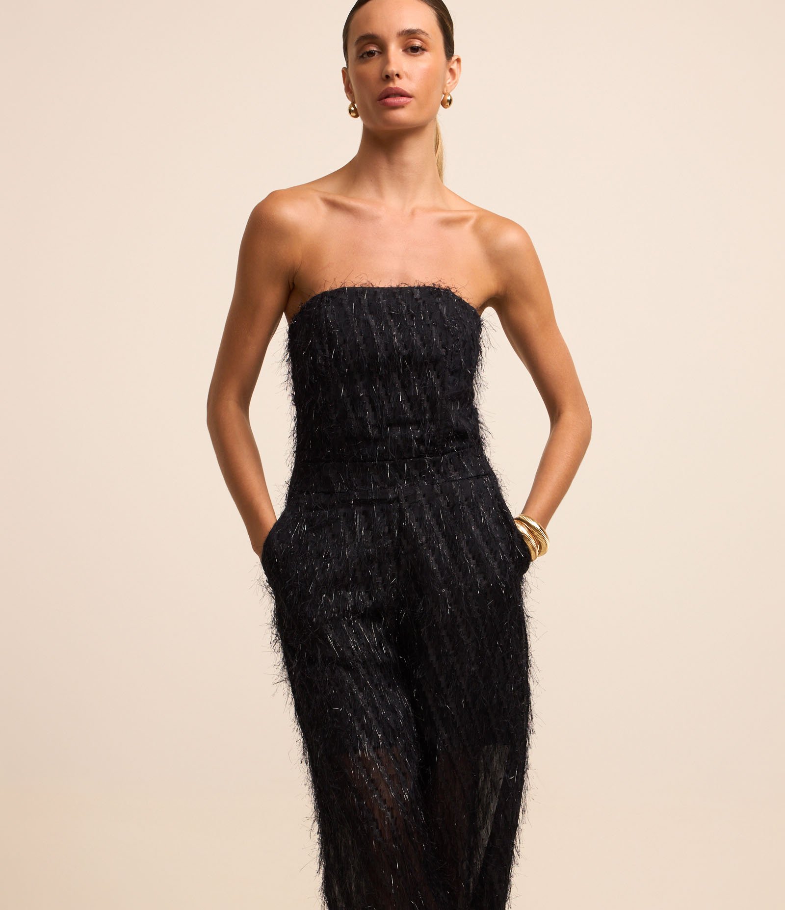 Macacão Wide Leg Tomara Que Caia em Chiffon com Pelos Azul 1