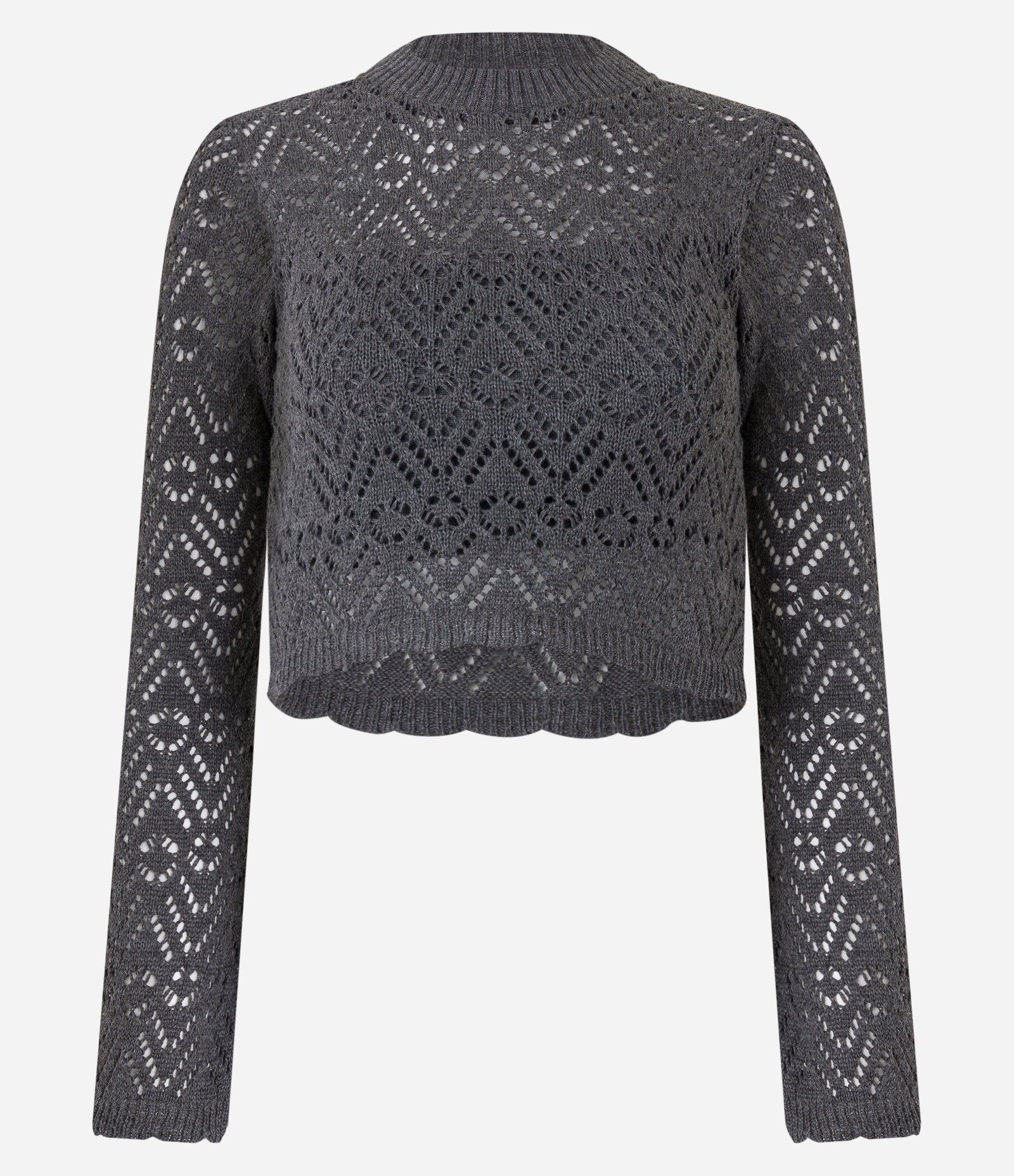 Blusa Manga Sino em Tricô com Ponto Crochê Cinza 5