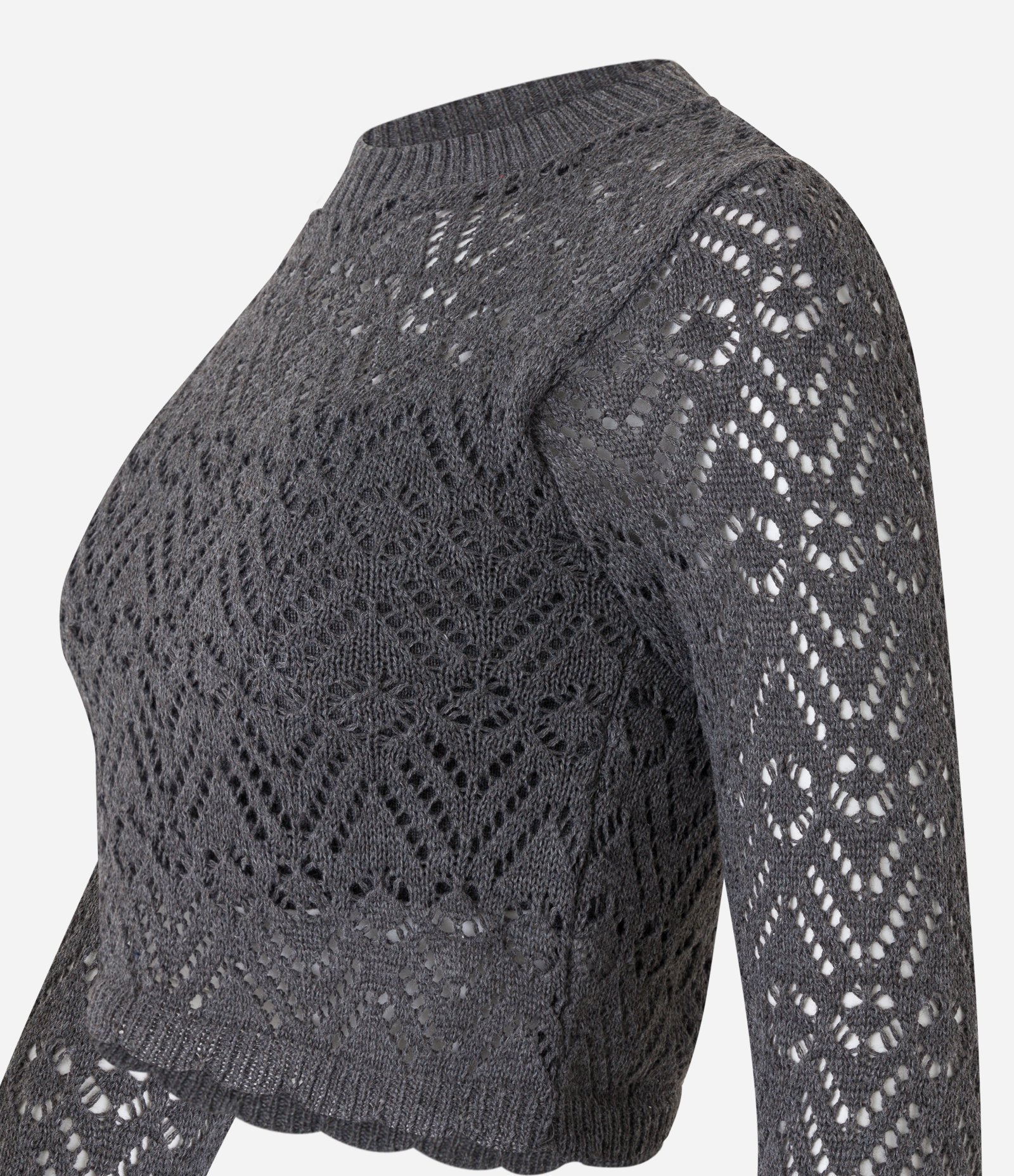Blusa Manga Sino em Tricô com Ponto Crochê Cinza 6