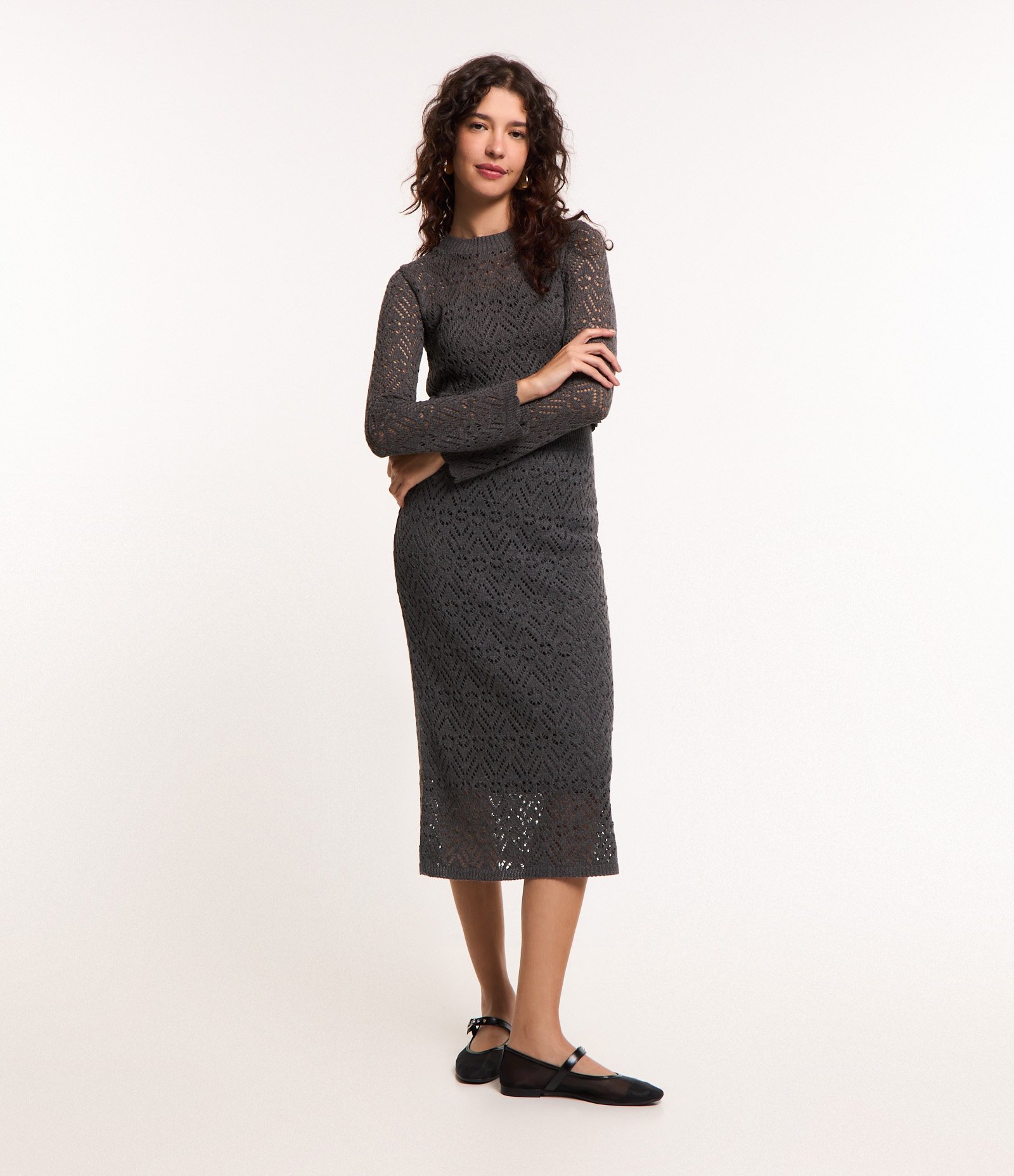 Blusa Manga Sino em Tricô com Ponto Crochê Cinza 2