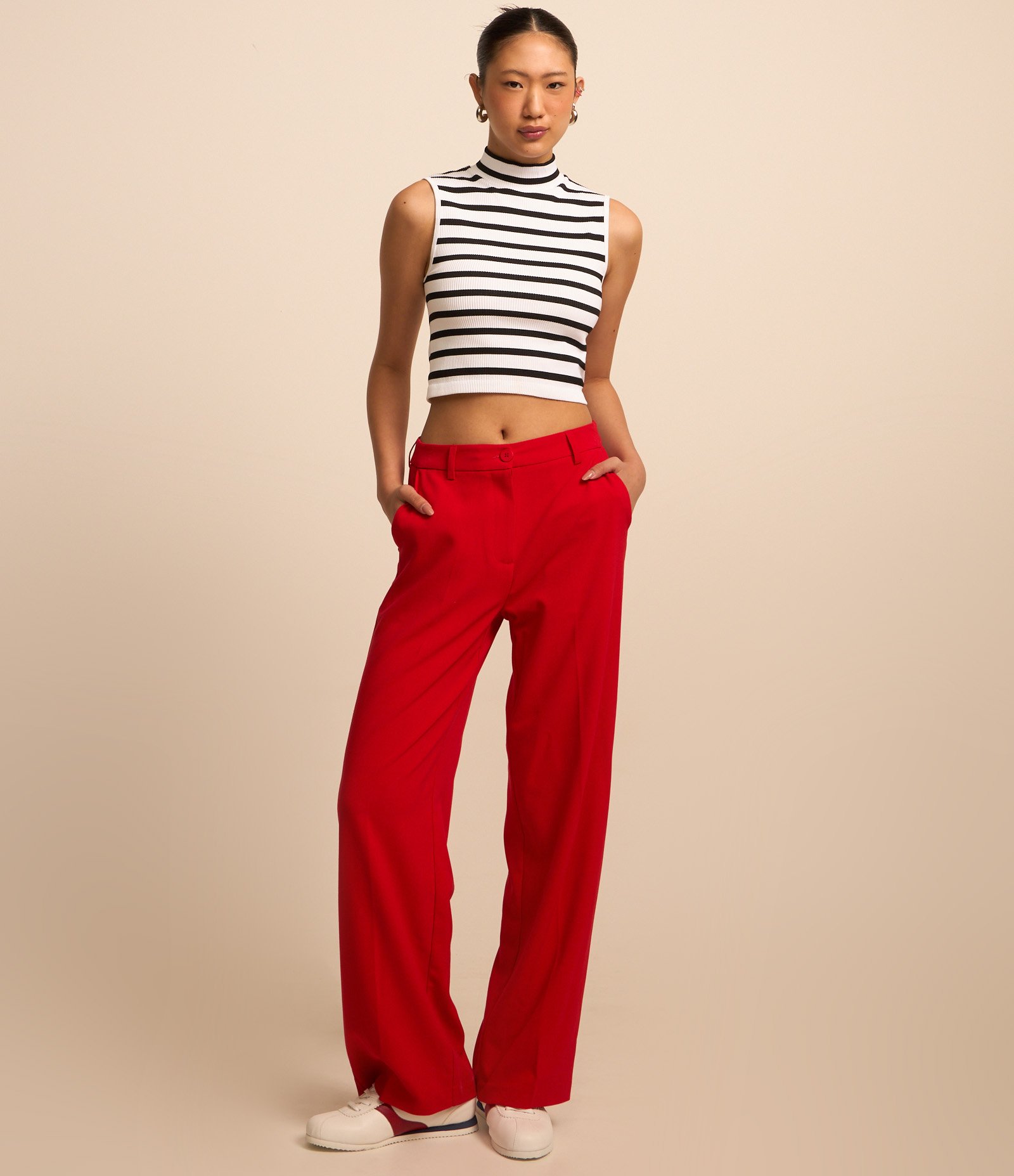 Blusa sem Manga em Seamless com Golinha Alta e Listras Branco 2