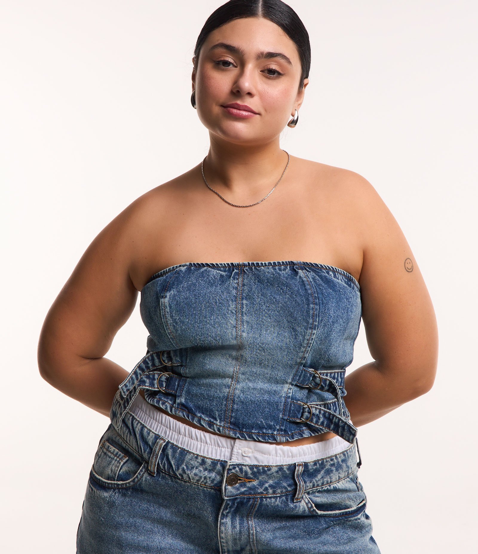 Top sem Alças em Jeans com Fivelas Curve & Plus Size Azul Jeans 2