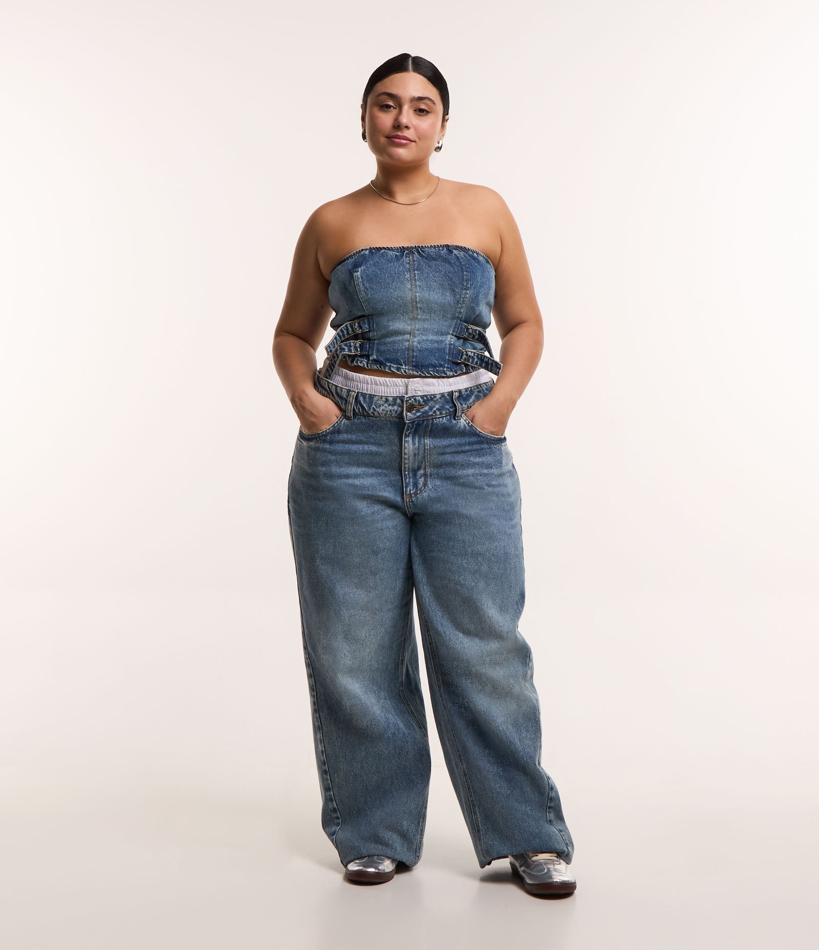 Top sem Alças em Jeans com Fivelas Curve & Plus Size Azul Jeans 3